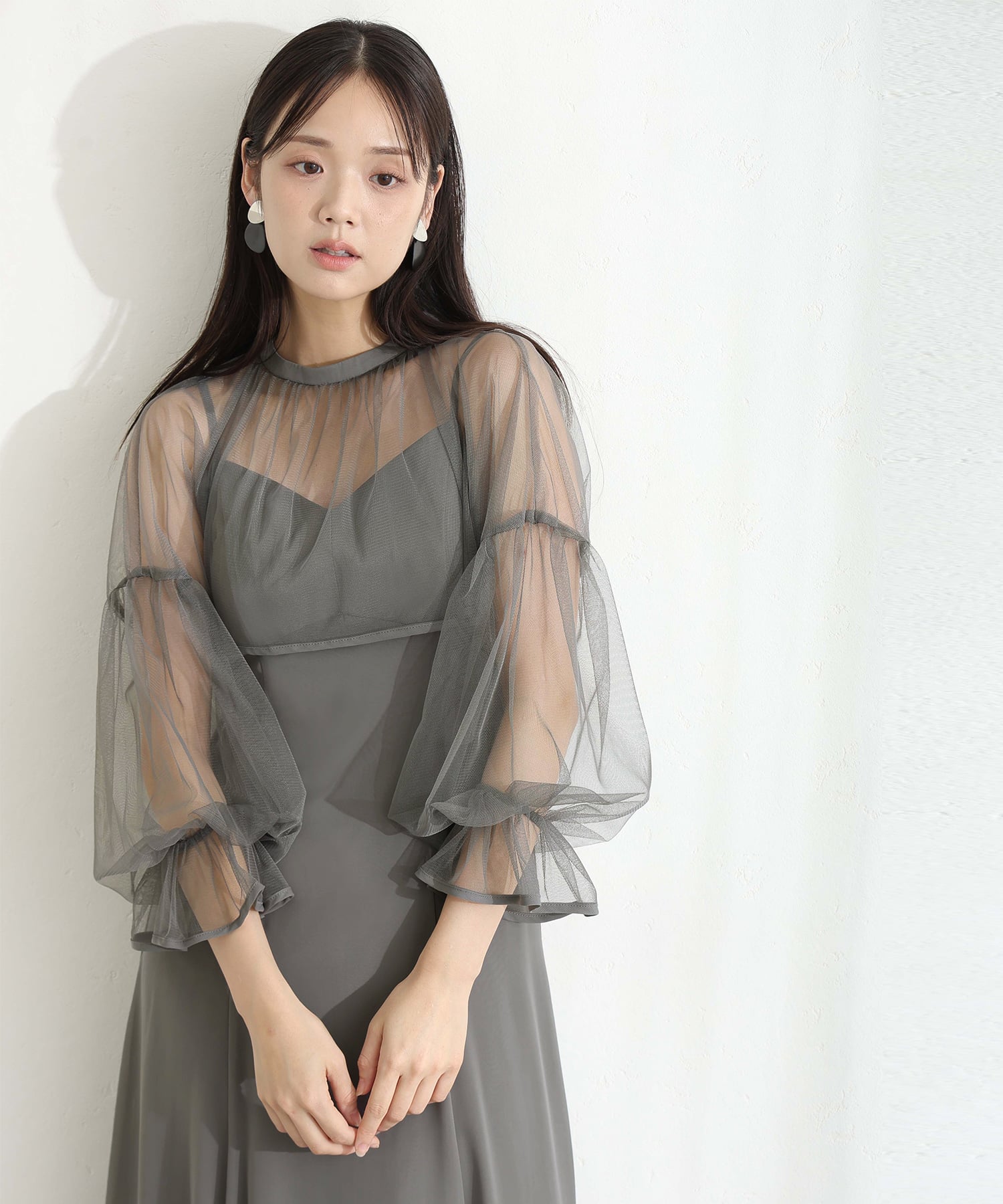 プールヴー PourVous 結婚式二次会パーティードレスチュール フレア マーメイド シフォン Aライン袖あり&ミモレ丈お呼ばれ同窓会成人式オケージョンドレスフォーマル フォーマル ワンピース パーティードレス （グレー） グレー