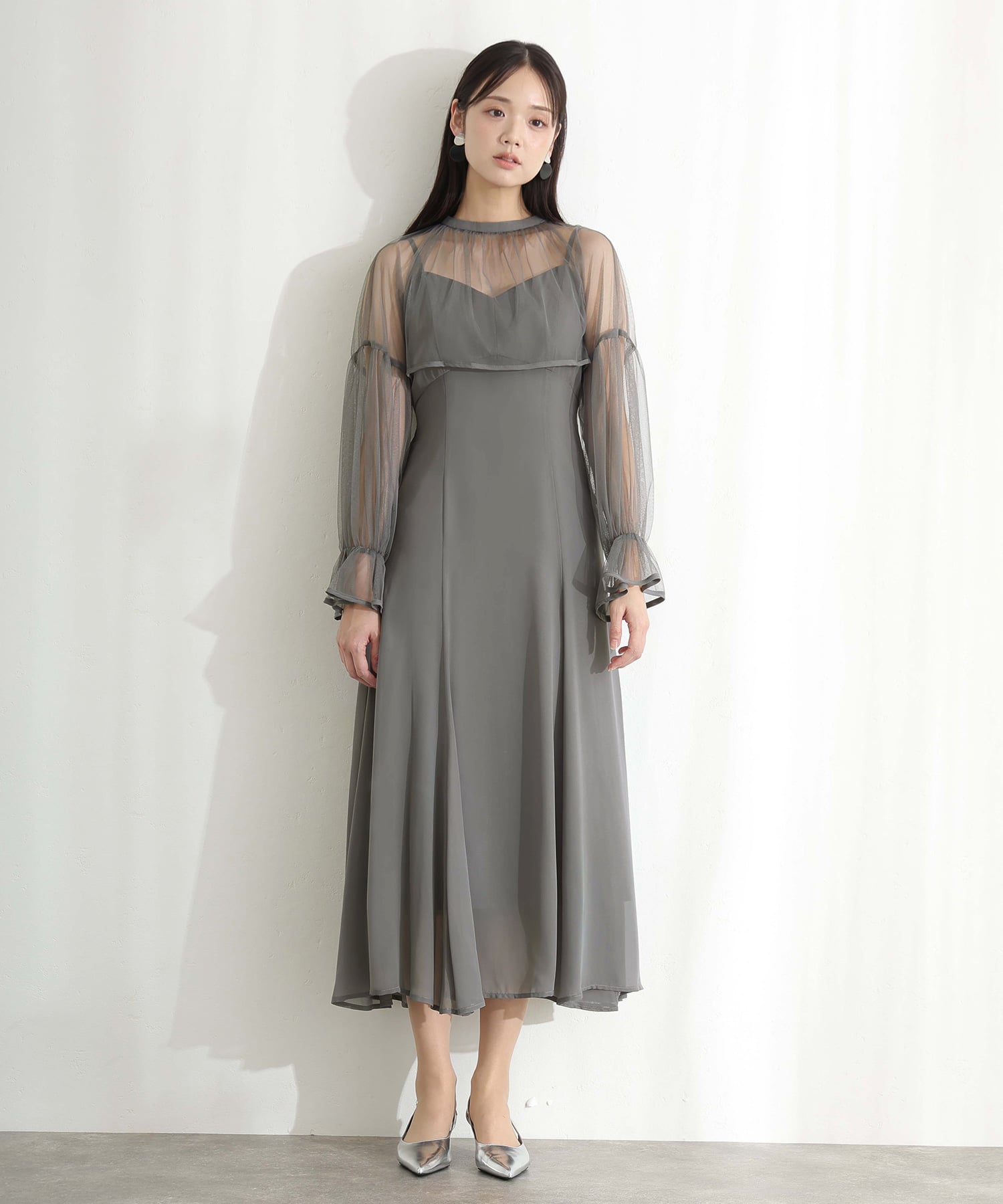 プールヴー PourVous 結婚式二次会パーティードレスチュール フレア マーメイド シフォン Aライン袖あり&ミモレ丈お呼ばれ同窓会成人式オケージョンドレスフォーマル フォーマル ワンピース パーティードレス （グレー） グレー