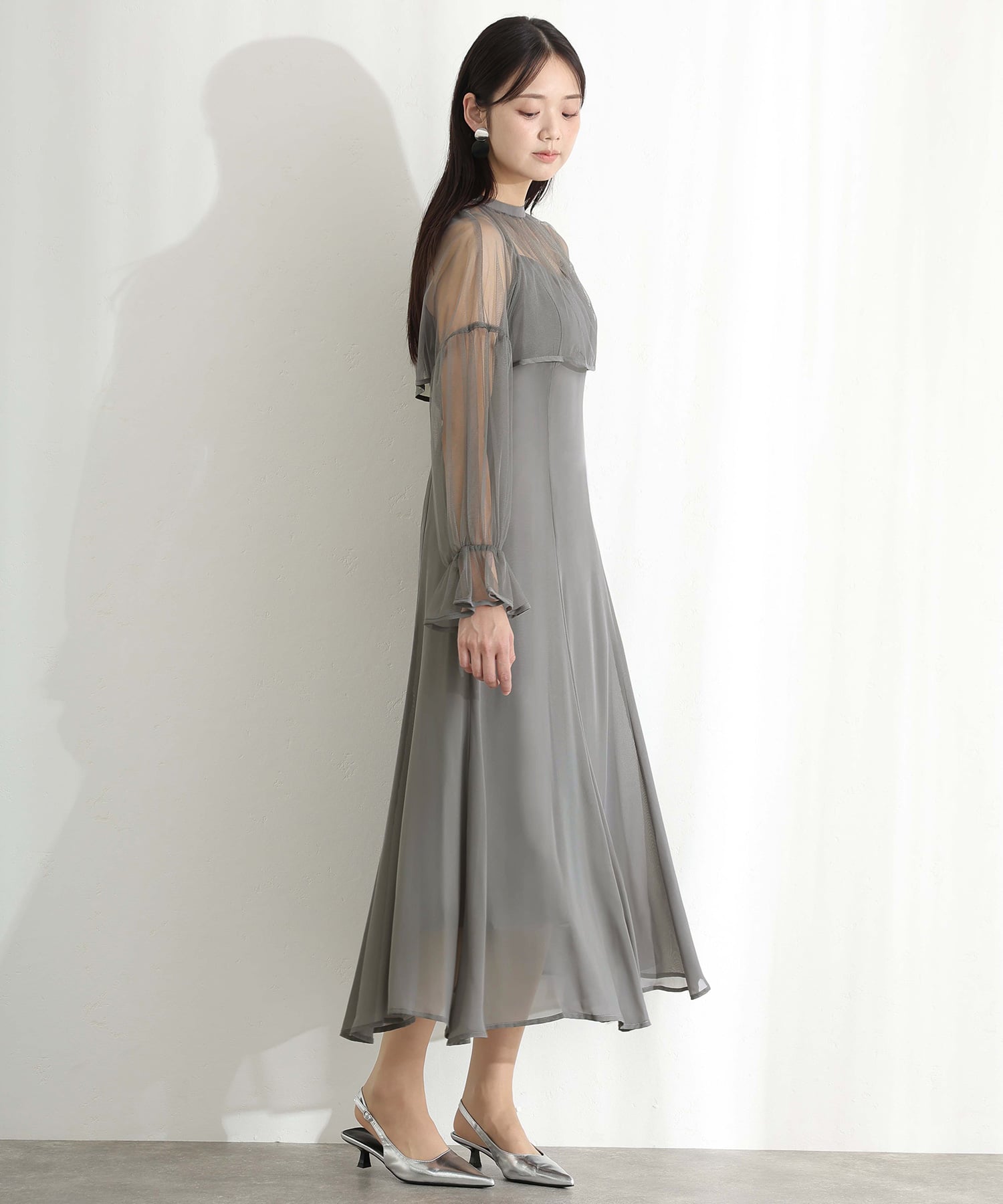 プールヴー PourVous 結婚式二次会パーティードレスチュール フレア マーメイド シフォン Aライン袖あり&ミモレ丈お呼ばれ同窓会成人式オケージョンドレスフォーマル フォーマル ワンピース パーティードレス （グレー） グレー