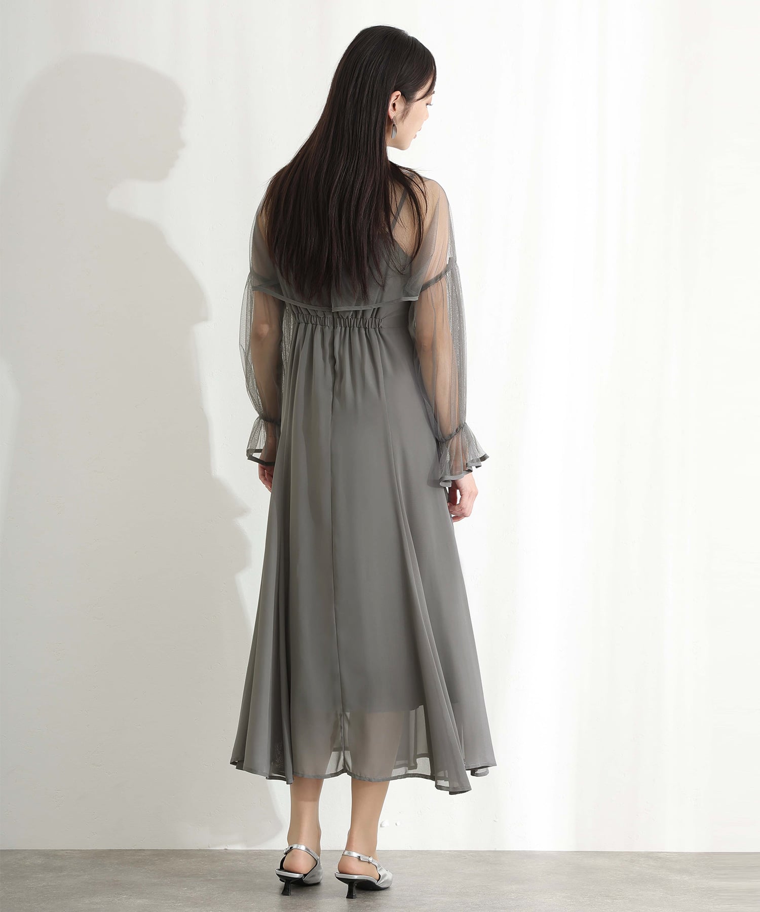 プールヴー PourVous 結婚式二次会パーティードレスチュール フレア マーメイド シフォン Aライン袖あり&ミモレ丈お呼ばれ同窓会成人式オケージョンドレスフォーマル フォーマル ワンピース パーティードレス （グレー） グレー