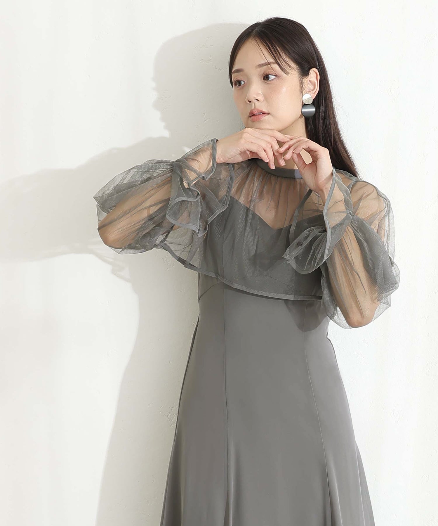 プールヴー PourVous 結婚式二次会パーティードレスチュール フレア マーメイド シフォン Aライン袖あり&ミモレ丈お呼ばれ同窓会成人式オケージョンドレスフォーマル フォーマル ワンピース パーティードレス （グレー） グレー