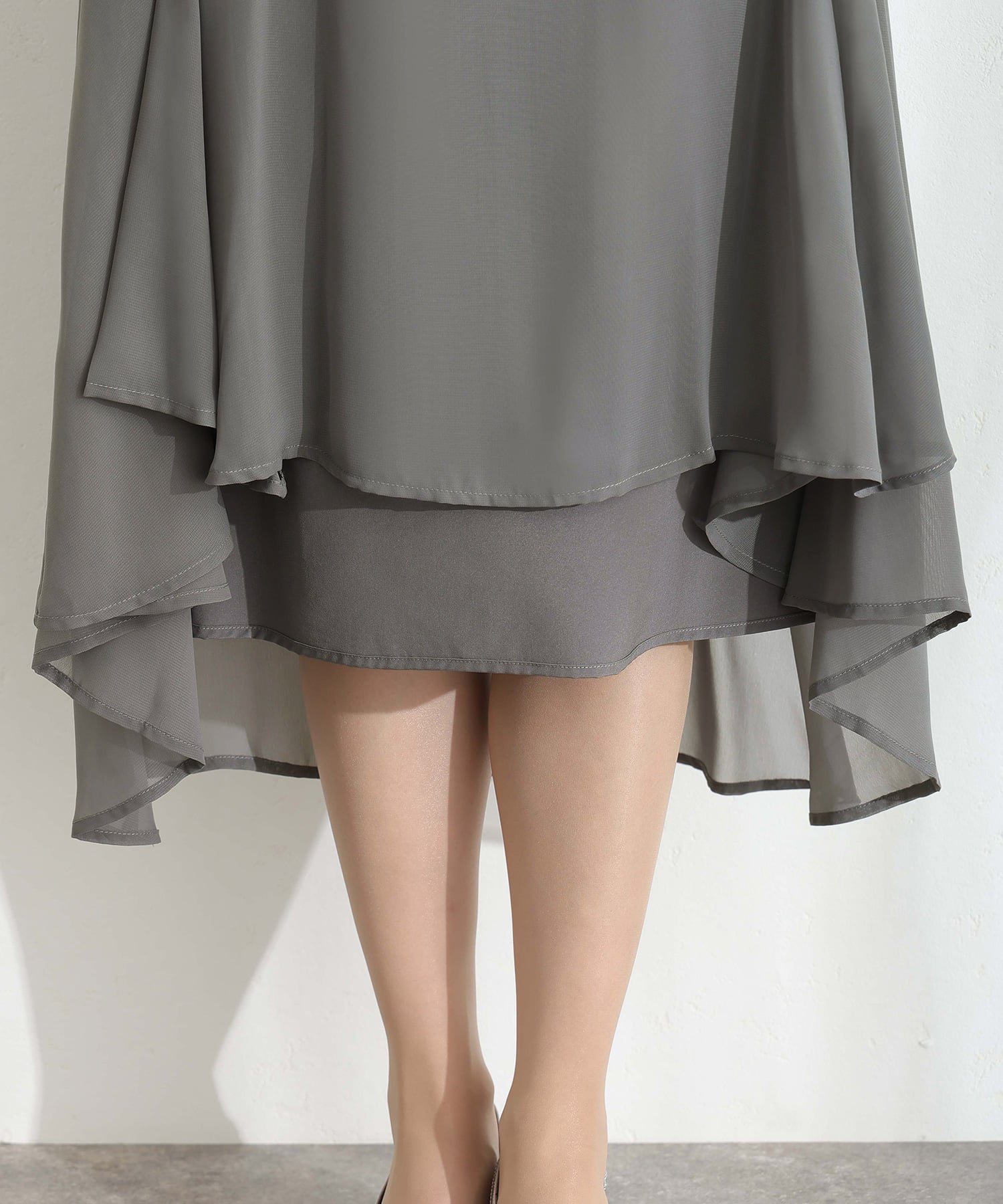 プールヴー PourVous 結婚式二次会パーティードレスチュール フレア マーメイド シフォン Aライン袖あり&ミモレ丈お呼ばれ同窓会成人式オケージョンドレスフォーマル フォーマル ワンピース パーティードレス （グレー） グレー