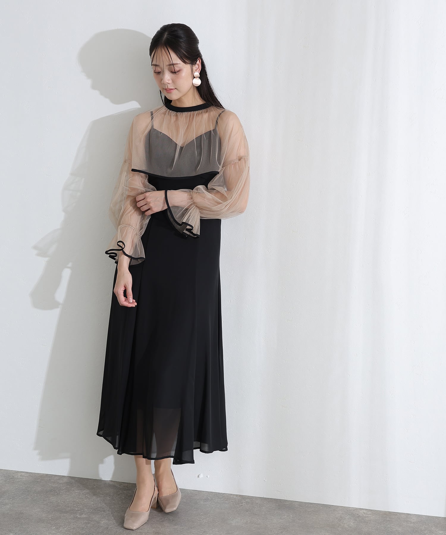 プールヴー PourVous 結婚式二次会パーティードレスチュール フレア マーメイド シフォン Aライン袖あり&ミモレ丈お呼ばれ同窓会成人式オケージョンドレスフォーマル フォーマル ワンピース パーティードレス （ベージュ×ブラック） ベージュ×ブラック