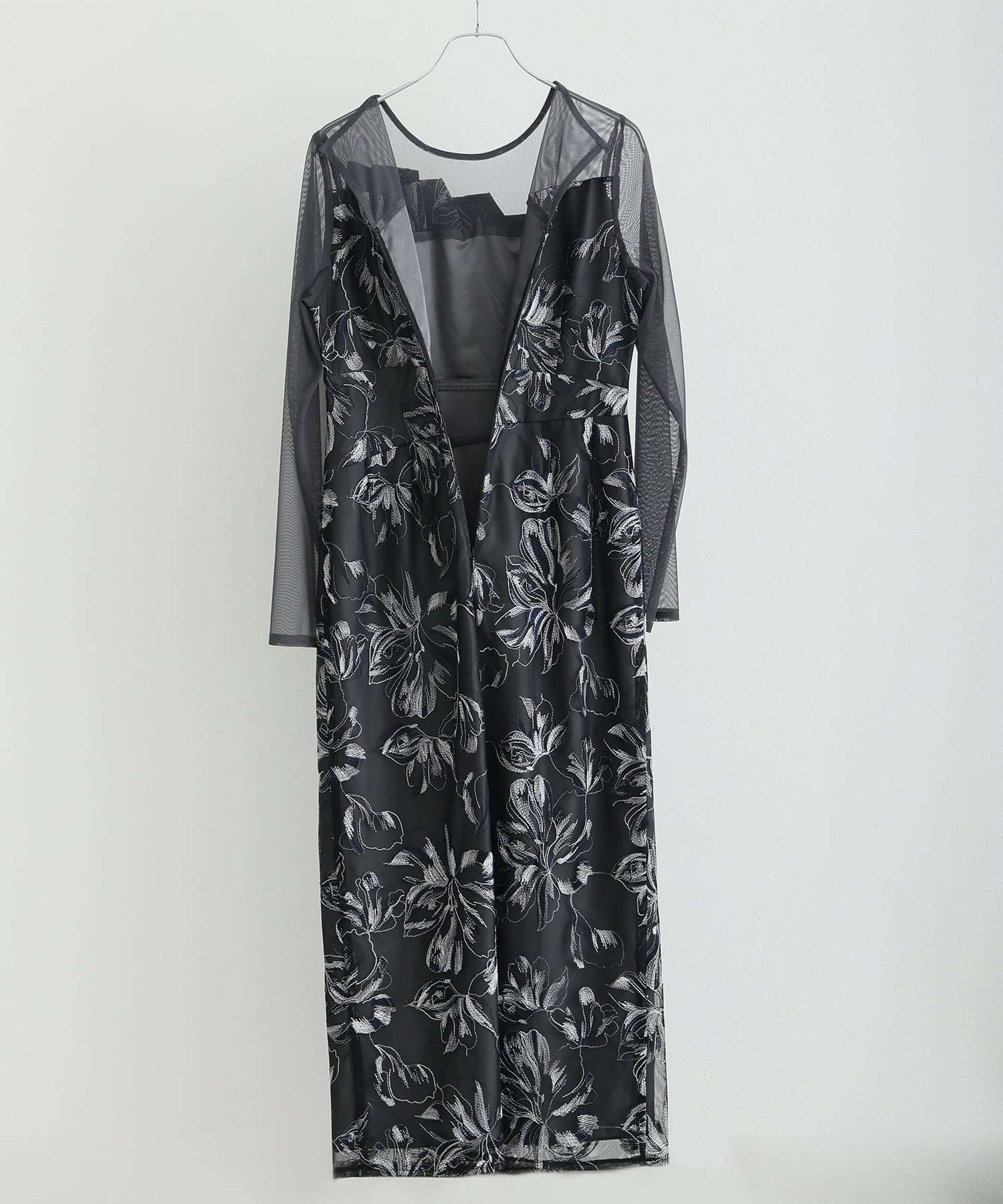 プールヴー PourVous フロントプリーツ フラワー刺繍 アシンメトリー パーティードレスお呼ばれミモレ丈&袖あり結婚式二次会フォーマルオケージョンドレス同窓会成人式 フォーマル ワンピース パーティードレス （グレー） グレー