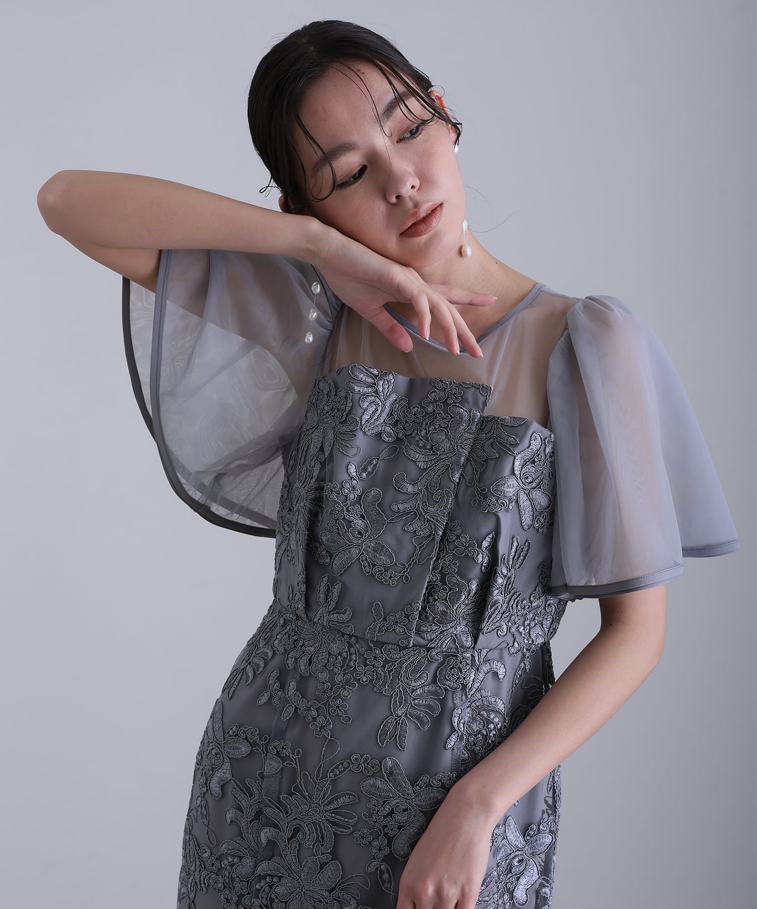 プールヴー PourVous ヴィンテージレースフレアドレスミモレ丈&袖ありフォーマルセレモニー結婚式二次会パーティードレスオケージョンドレス同窓会成人式 フォーマル ワンピース パーティードレス 20代 30代 40代 （グレイッシュブルー） グレイッシュブルー