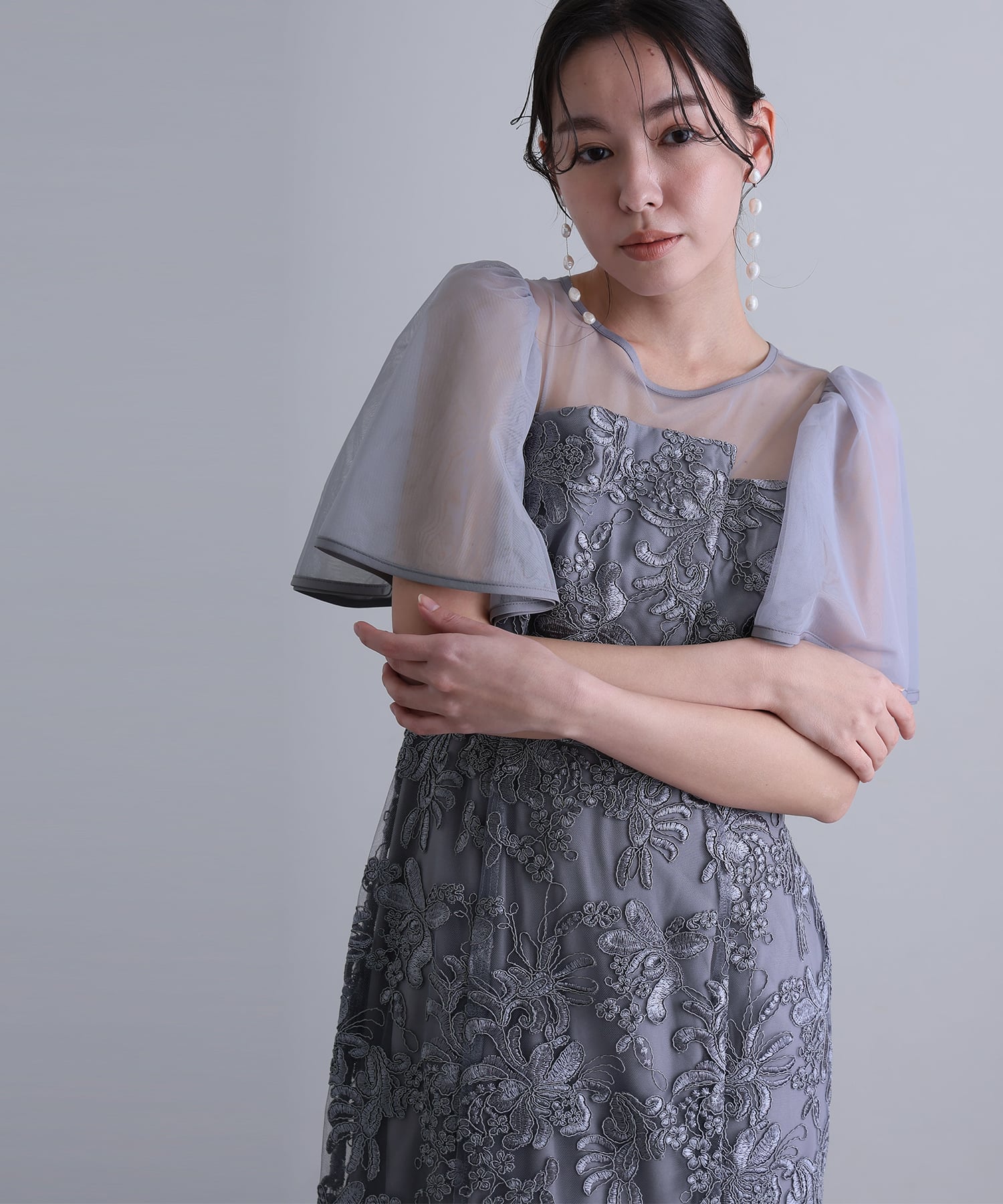 プールヴー PourVous ヴィンテージレースフレアドレスミモレ丈&袖ありフォーマルセレモニー結婚式二次会パーティードレスオケージョンドレス同窓会成人式 フォーマル ワンピース パーティードレス 20代 30代 40代 （グレイッシュブルー） グレイッシュブルー