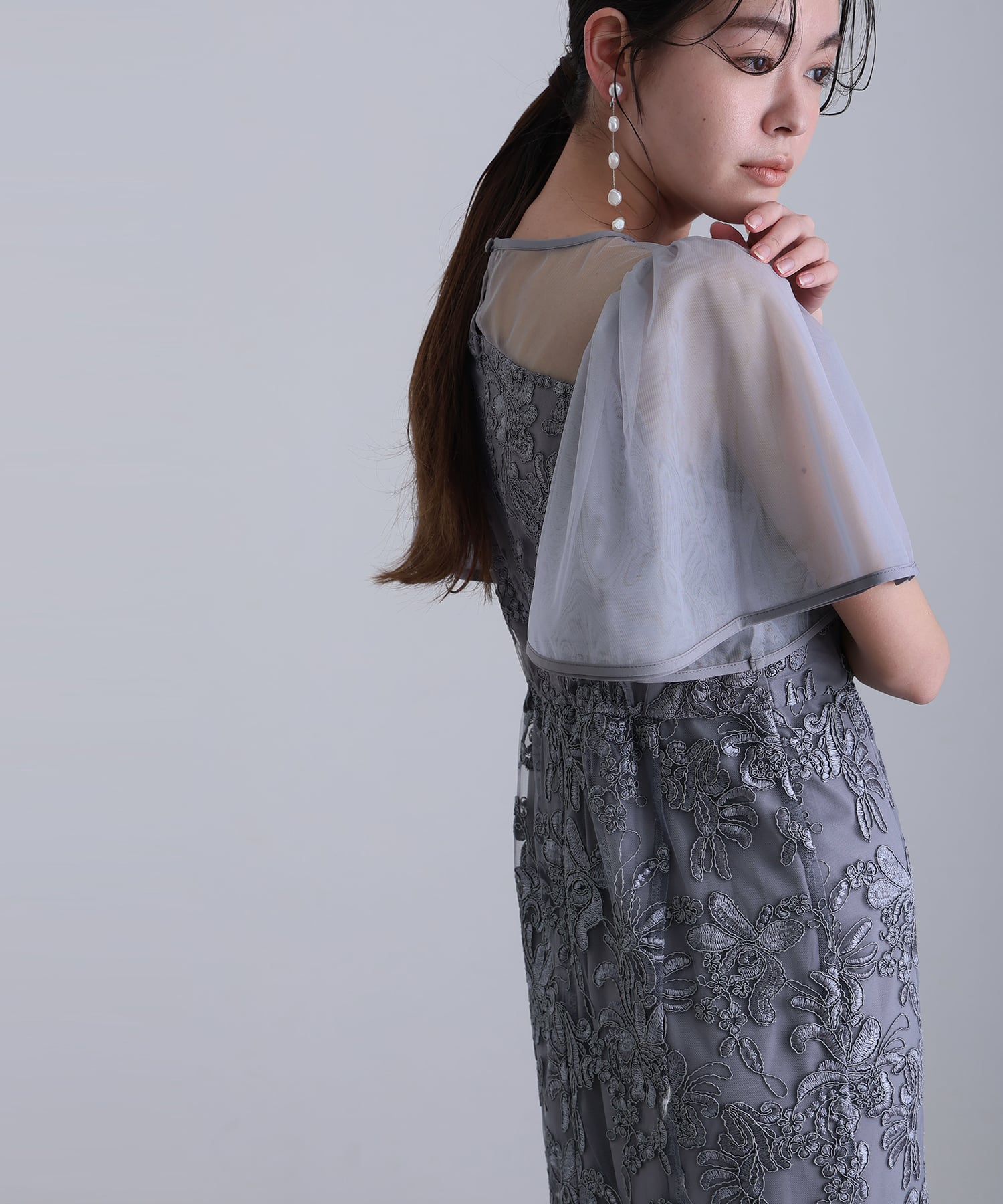 プールヴー PourVous ヴィンテージレースフレアドレスミモレ丈&袖ありフォーマルセレモニー結婚式二次会パーティードレスオケージョンドレス同窓会成人式 フォーマル ワンピース パーティードレス 20代 30代 40代 （グレイッシュブルー） グレイッシュブルー