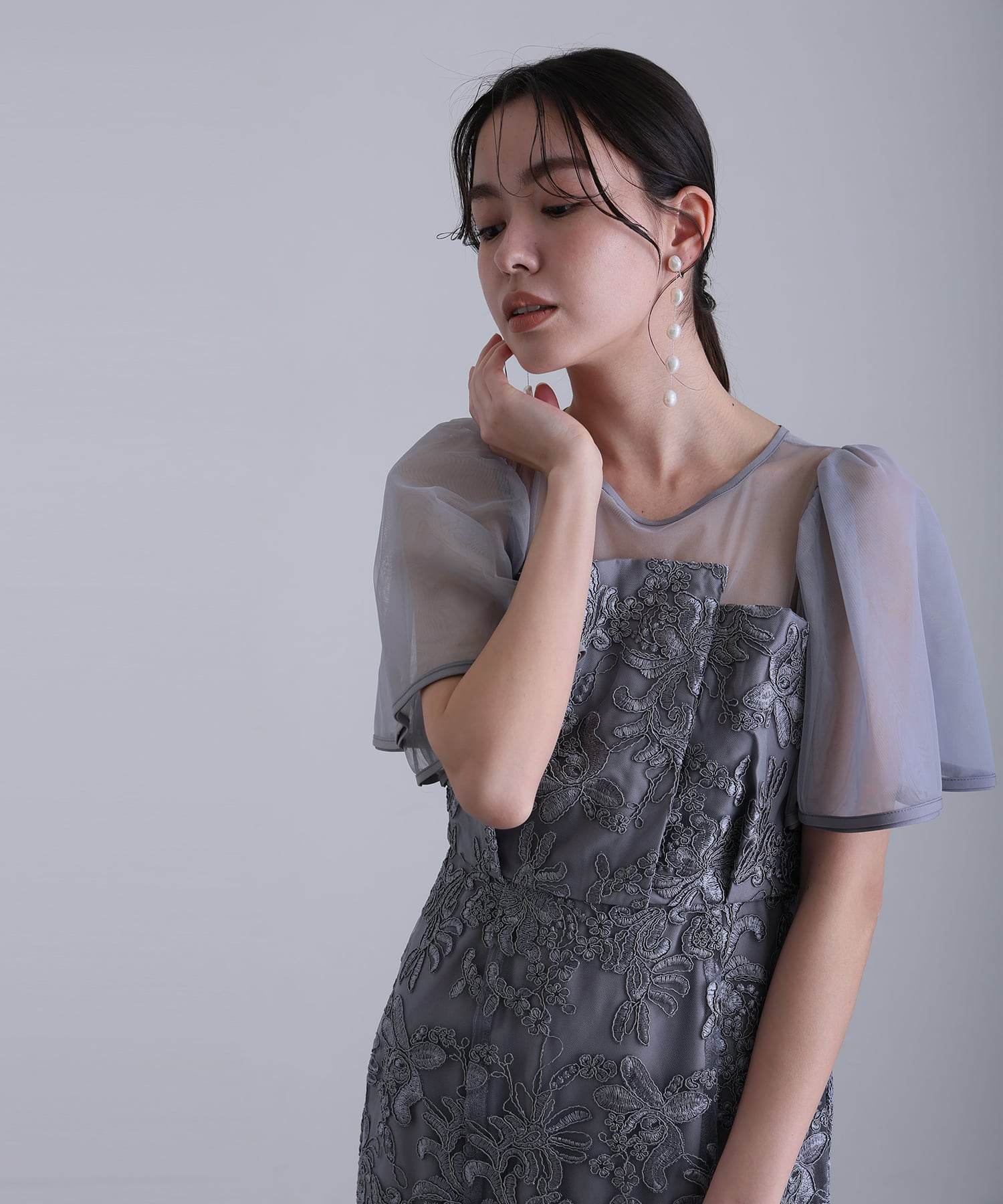 プールヴー PourVous ヴィンテージレースフレアドレスミモレ丈&袖ありフォーマルセレモニー結婚式二次会パーティードレスオケージョンドレス同窓会成人式 フォーマル ワンピース パーティードレス 20代 30代 40代 （グレイッシュブルー） グレイッシュブルー