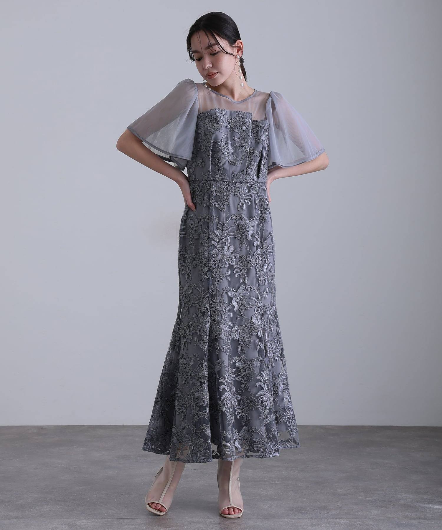 プールヴー PourVous ヴィンテージレースフレアドレスミモレ丈&袖ありフォーマルセレモニー結婚式二次会パーティードレスオケージョンドレス同窓会成人式 フォーマル ワンピース パーティードレス 20代 30代 40代 （グレイッシュブルー） グレイッシュブルー