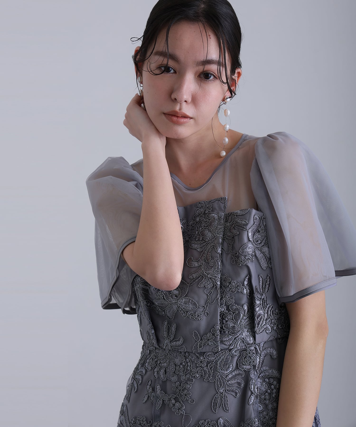 プールヴー PourVous ヴィンテージレースフレアドレスミモレ丈&袖ありフォーマルセレモニー結婚式二次会パーティードレスオケージョンドレス同窓会成人式 フォーマル ワンピース パーティードレス 20代 30代 40代 （グレイッシュブルー） グレイッシュブルー