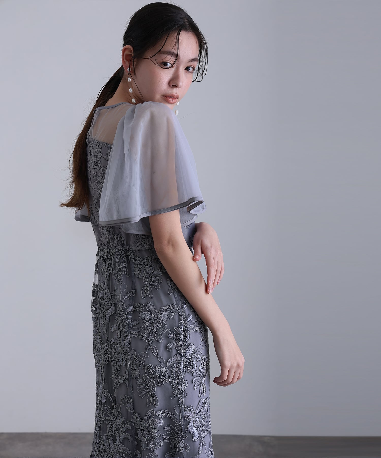 プールヴー PourVous ヴィンテージレースフレアドレスミモレ丈&袖ありフォーマルセレモニー結婚式二次会パーティードレスオケージョンドレス同窓会成人式 フォーマル ワンピース パーティードレス 20代 30代 40代 （グレイッシュブルー） グレイッシュブルー