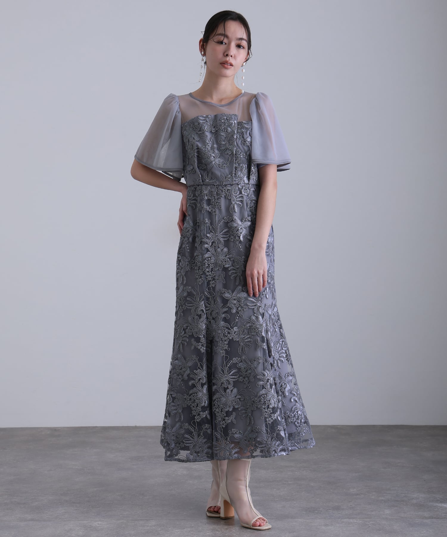 プールヴー PourVous ヴィンテージレースフレアドレスミモレ丈&袖ありフォーマルセレモニー結婚式二次会パーティードレスオケージョンドレス同窓会成人式 フォーマル ワンピース パーティードレス 20代 30代 40代 （グレイッシュブルー） グレイッシュブルー