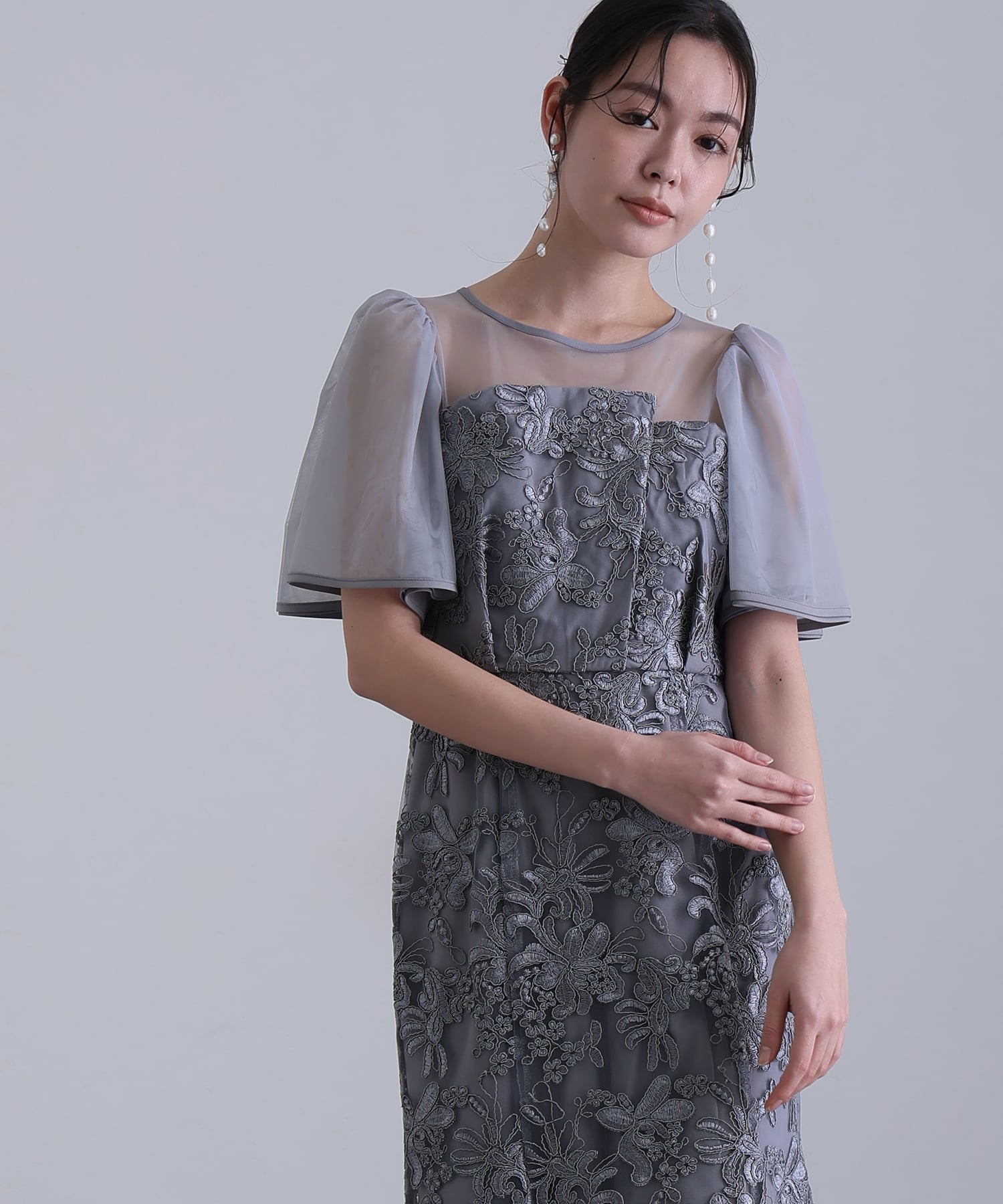プールヴー PourVous ヴィンテージレースフレアドレスミモレ丈&袖ありフォーマルセレモニー結婚式二次会パーティードレスオケージョンドレス同窓会成人式 フォーマル ワンピース パーティードレス 20代 30代 40代 （グレイッシュブルー） グレイッシュブルー