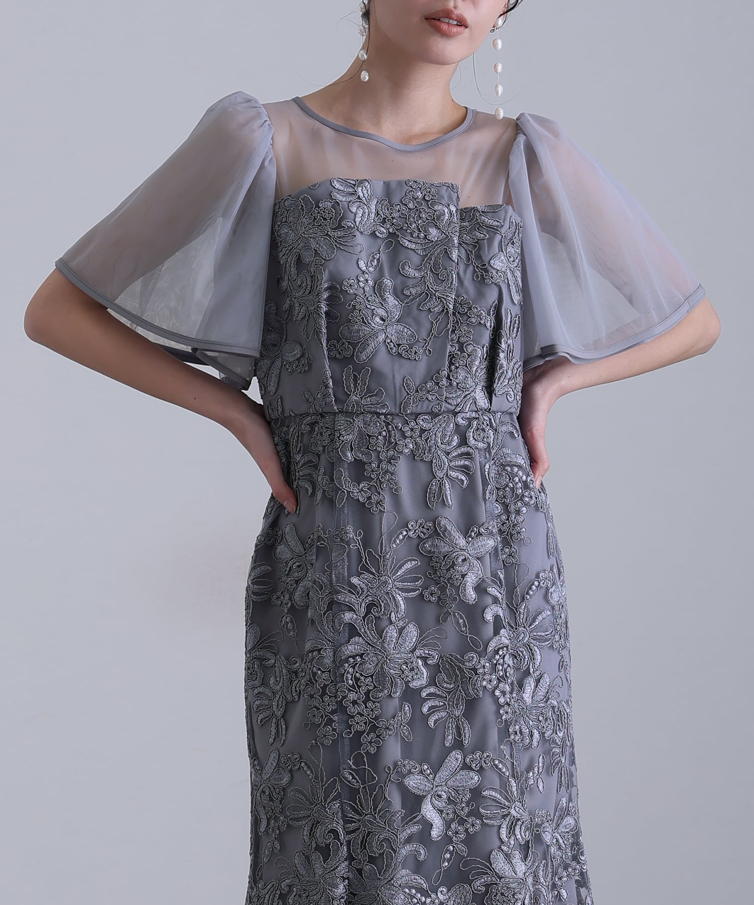 プールヴー PourVous ヴィンテージレースフレアドレスミモレ丈&袖ありフォーマルセレモニー結婚式二次会パーティードレスオケージョンドレス同窓会成人式 フォーマル ワンピース パーティードレス 20代 30代 40代 （グレイッシュブルー） グレイッシュブルー