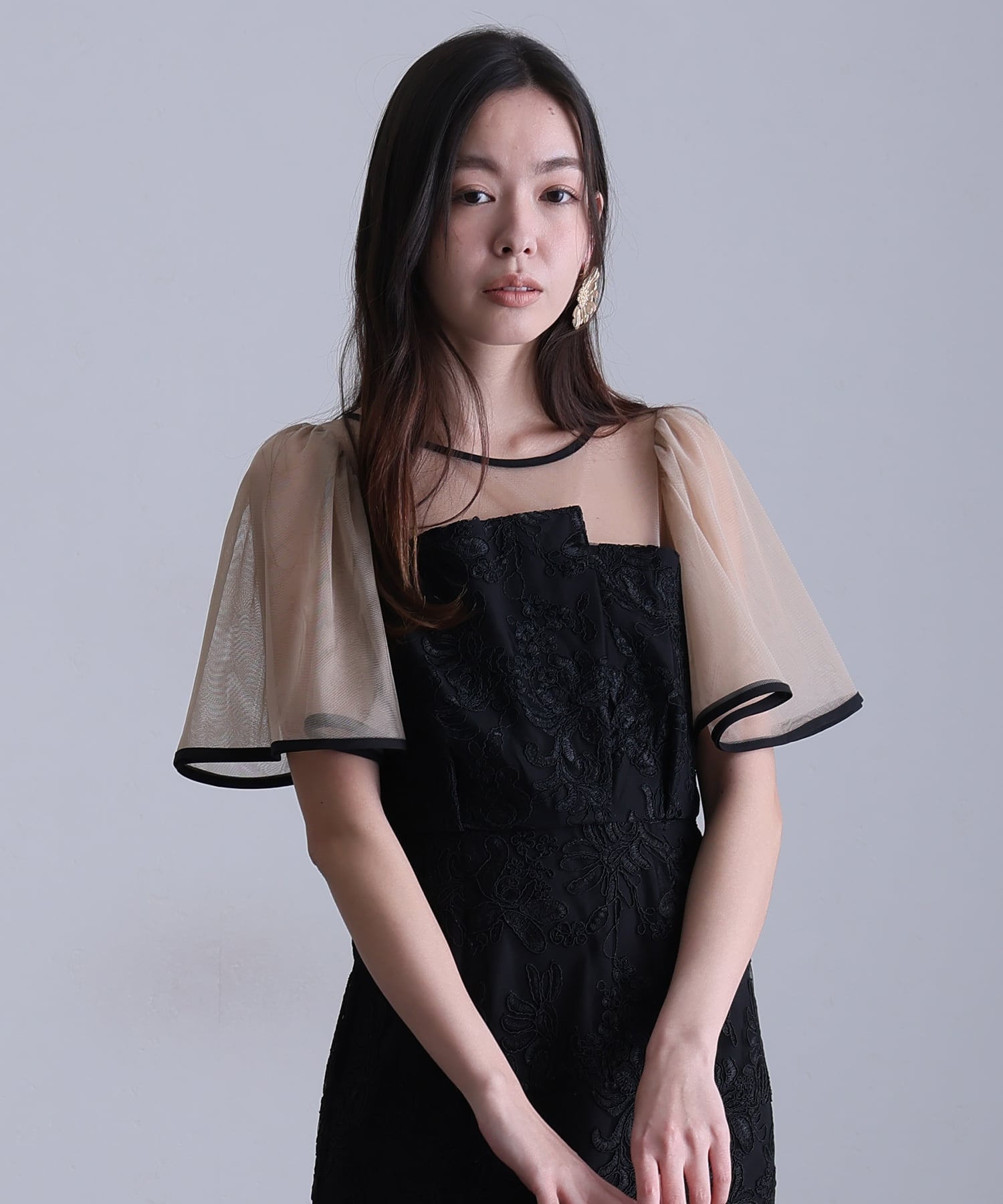 プールヴー PourVous ヴィンテージレースフレアドレスミモレ丈&袖ありフォーマルセレモニー結婚式二次会パーティードレスオケージョンドレス同窓会成人式 フォーマル ワンピース パーティードレス 20代 30代 40代 （ブラック×ベージュ） ブラック×ベージュ