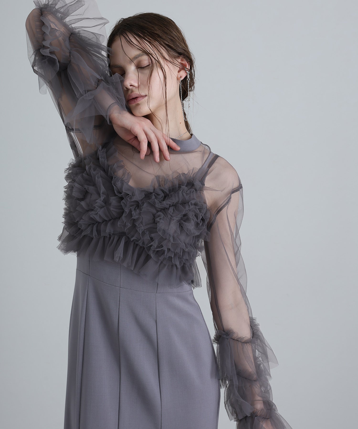 プールヴー PourVous ワンピース パンツドレス 結婚式二次会&マーメイド チュールフリル 大きいサイズ フォーマル ロング丈 オケージョンドレス 同窓会成人式 フォーマル パーティードレス 20代 30代 40代 （グレー×チャコール） グレー×チャコール