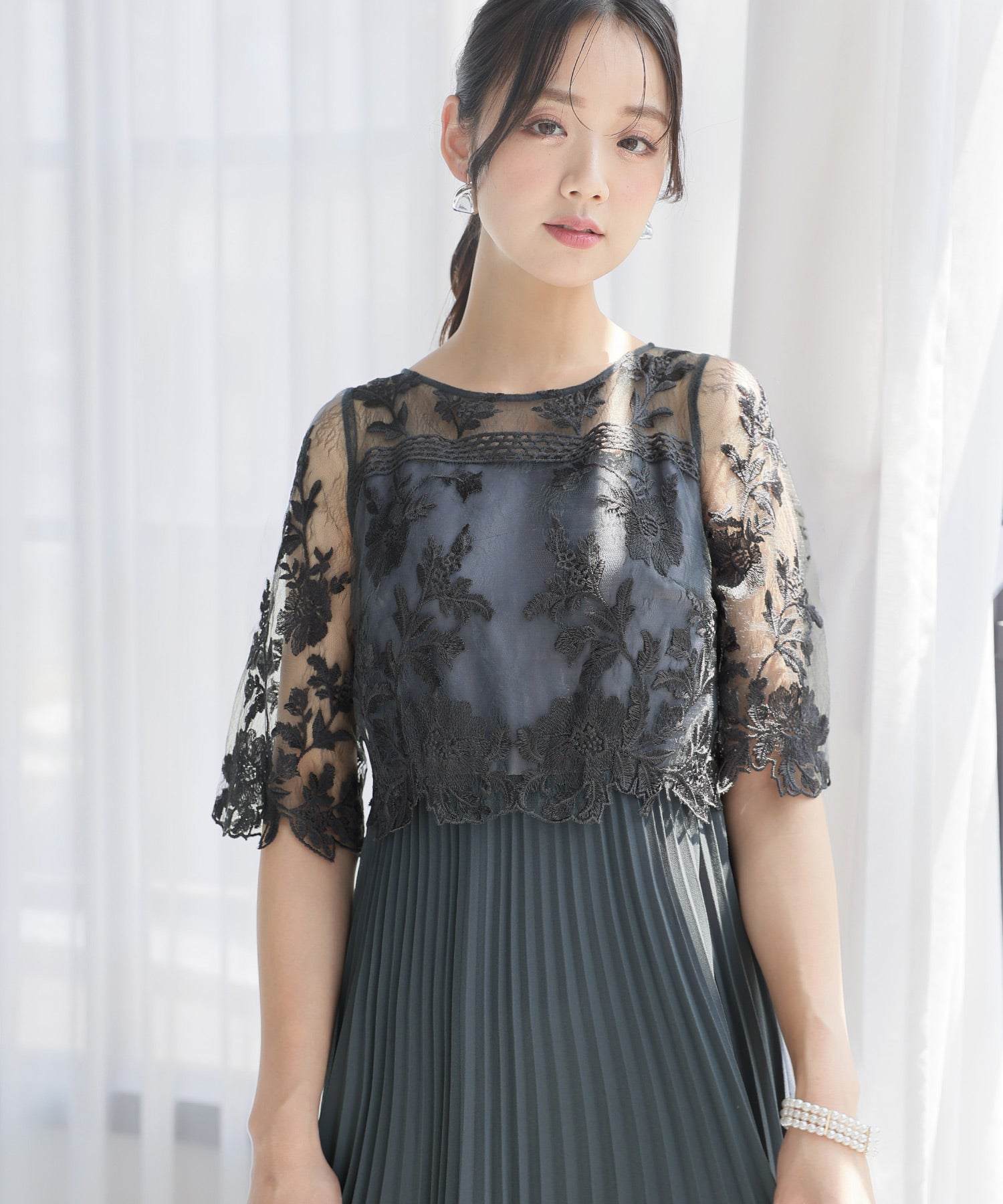 PourVous Wedding Dress Pleated Skirt Long & 3/4 Sleeve Formal Party Dress for 20s, 30s, 40s