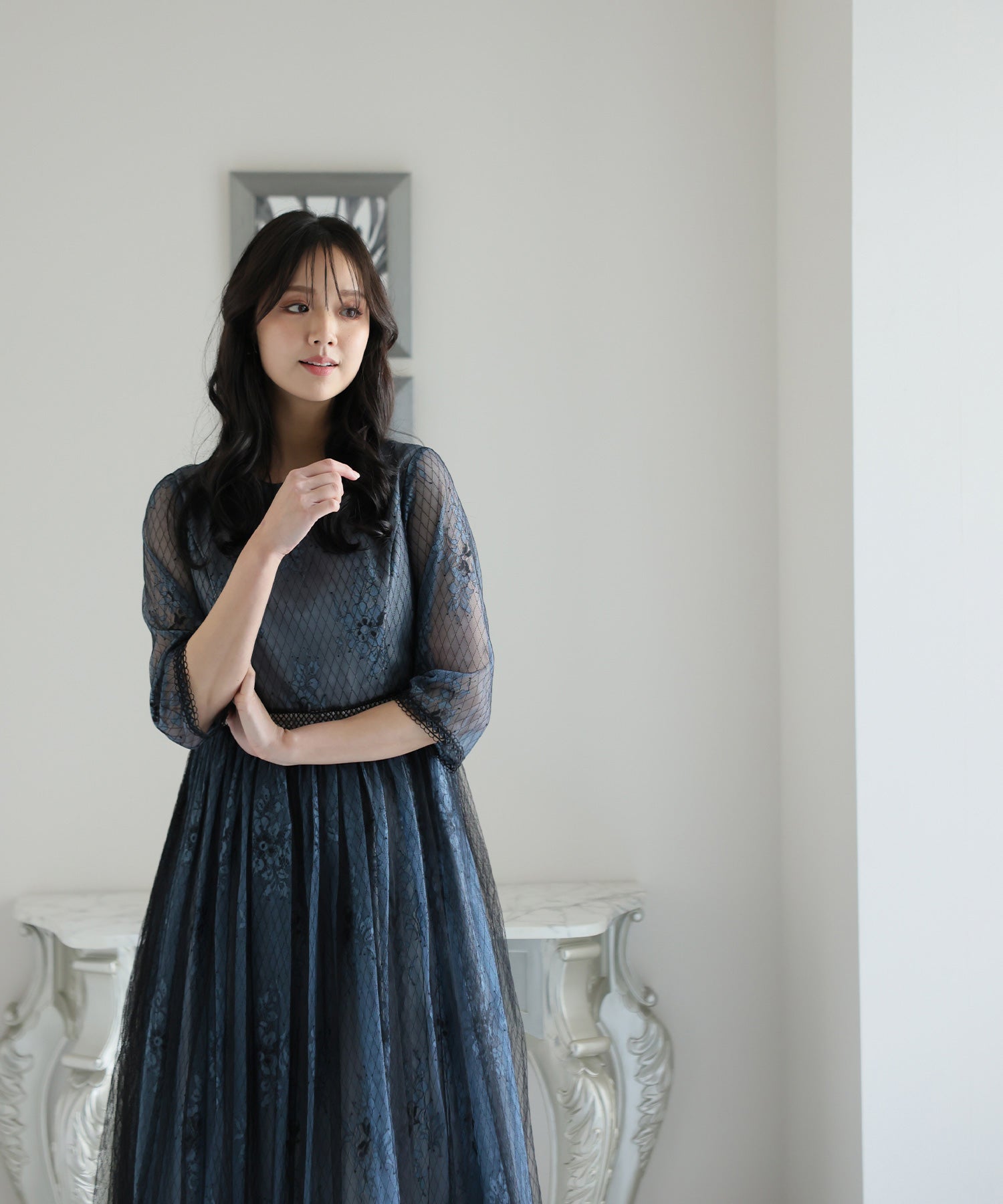 プールヴー PourVous レース＆ブラックチュールドレス ロングスカート/結婚式ワンピース お呼ばれ・二次会・セレモニー大きいサイズ対応フォーマルパーティードレス,ブルー