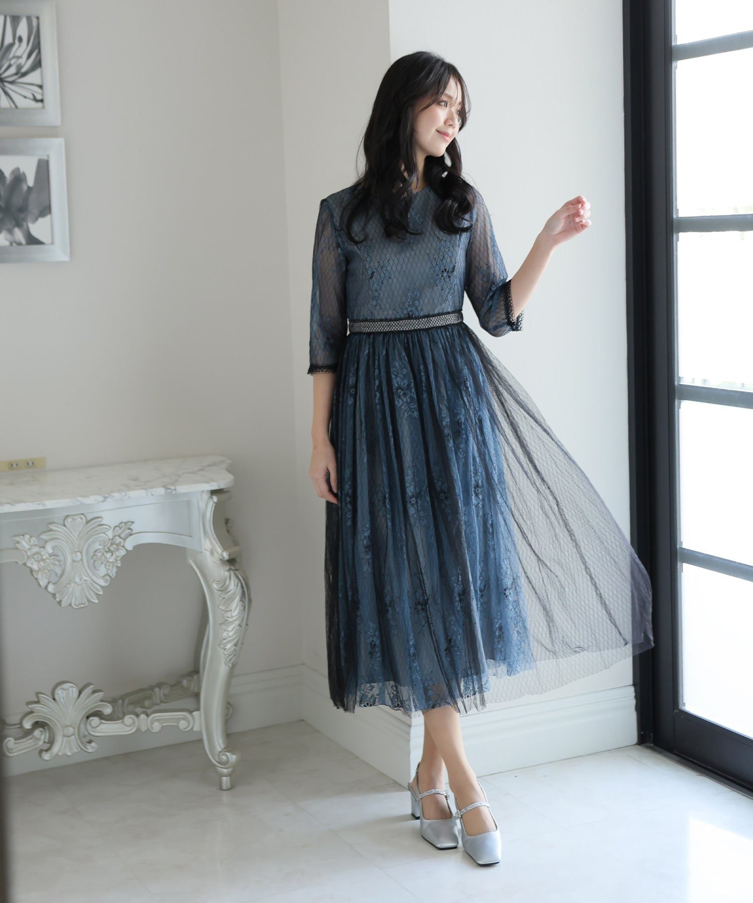 プールヴー PourVous レース＆ブラックチュールドレス ロングスカート/結婚式ワンピース お呼ばれ・二次会・セレモニー大きいサイズ対応フォーマルパーティードレス