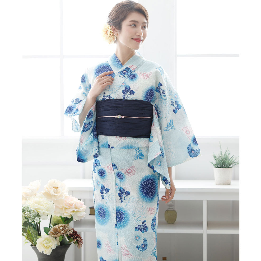 プールヴー PourVous ＼2021年16種類から選べるレディース3点セット／【大人浴衣+兵児帯+下駄】 レトロモダン シンプル （yukatasetP 露草ダリア） yukatasetP 露草ダリア