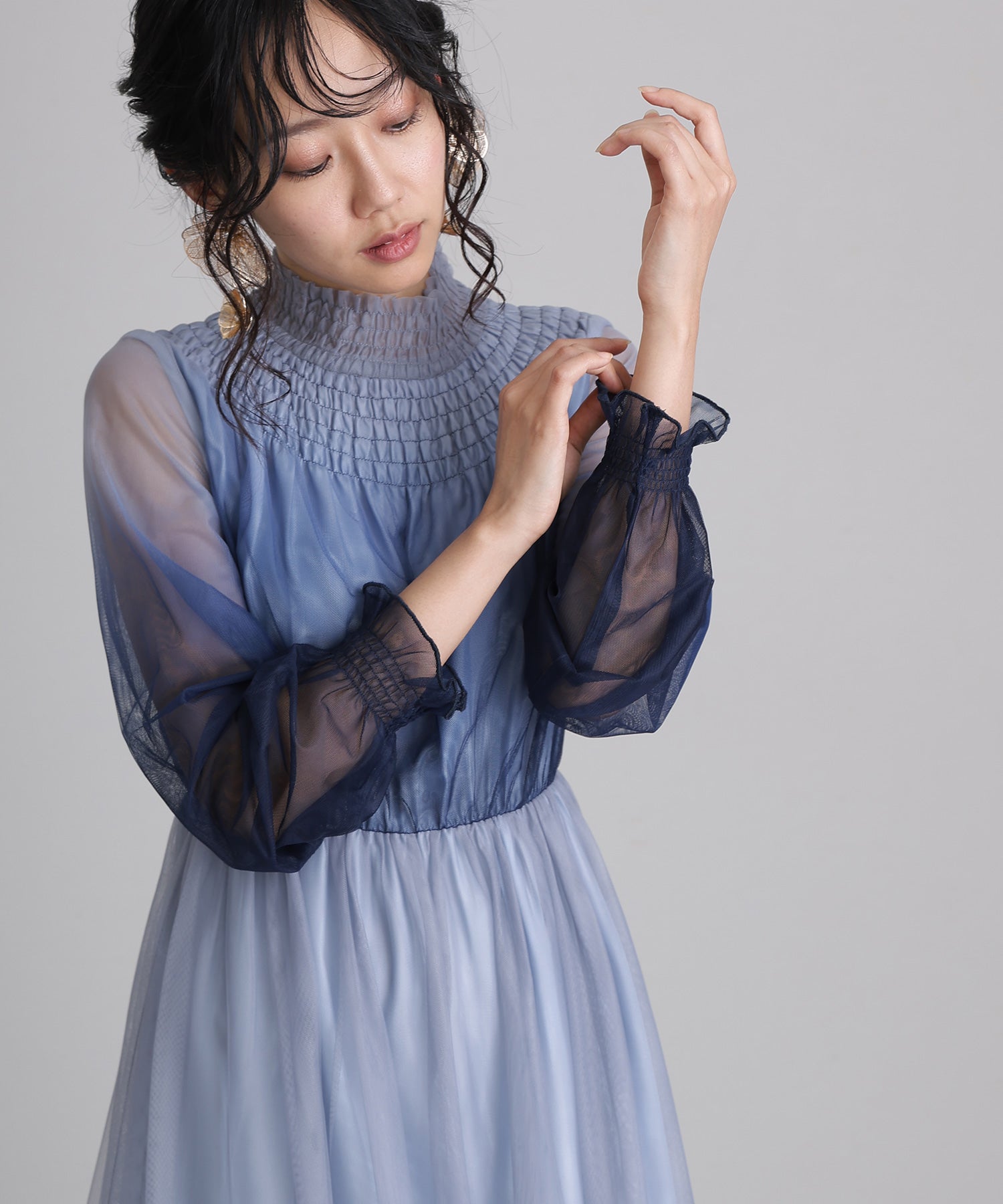 プールヴー PourVous 結婚式パーティードレスグラデーションチュールロング&袖ありセレモニーフォーマル ワンピース 20代 30代 40代