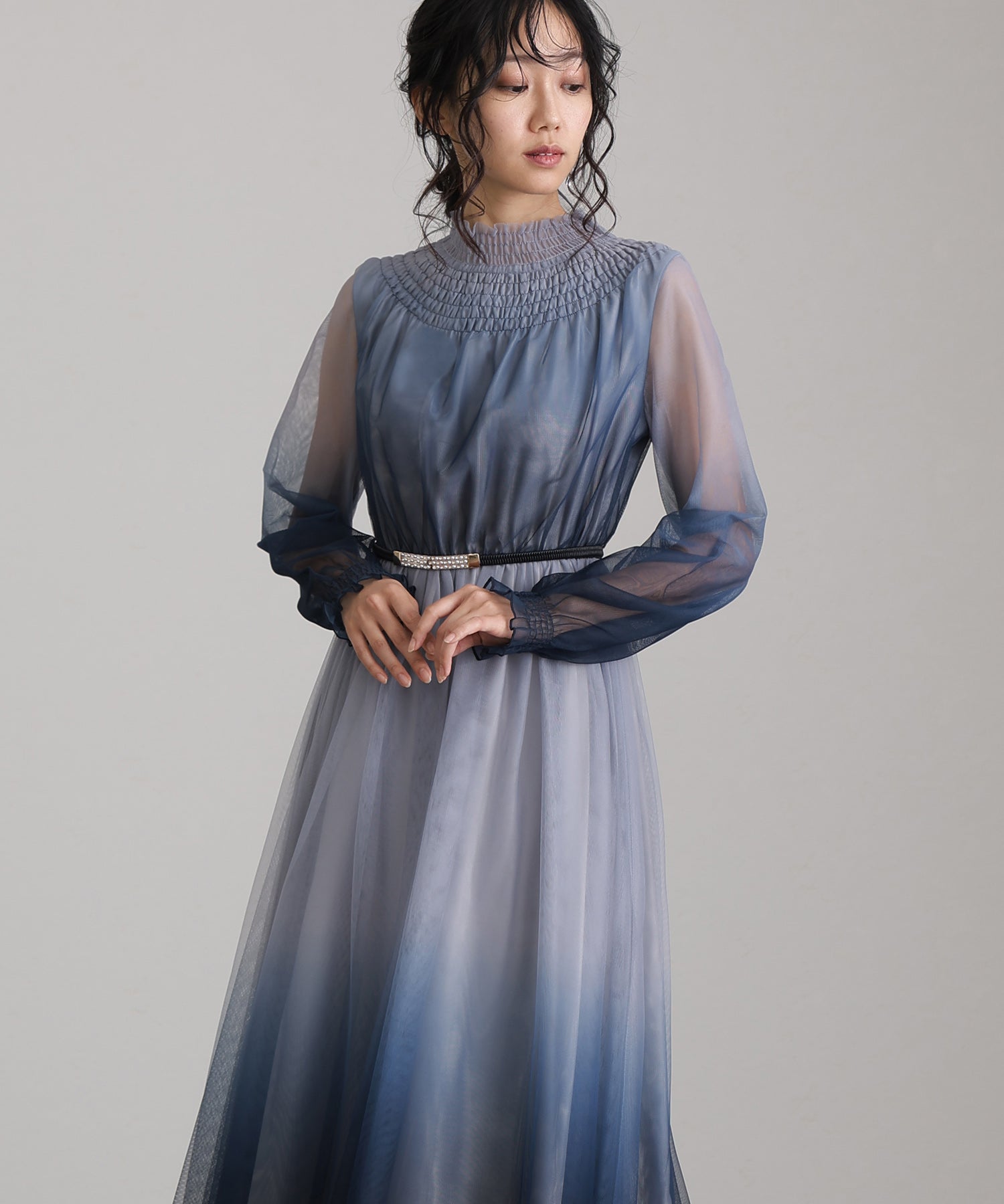 プールヴー PourVous 結婚式パーティードレスグラデーションチュールロング&袖ありセレモニーフォーマル ワンピース 20代 30代 40代