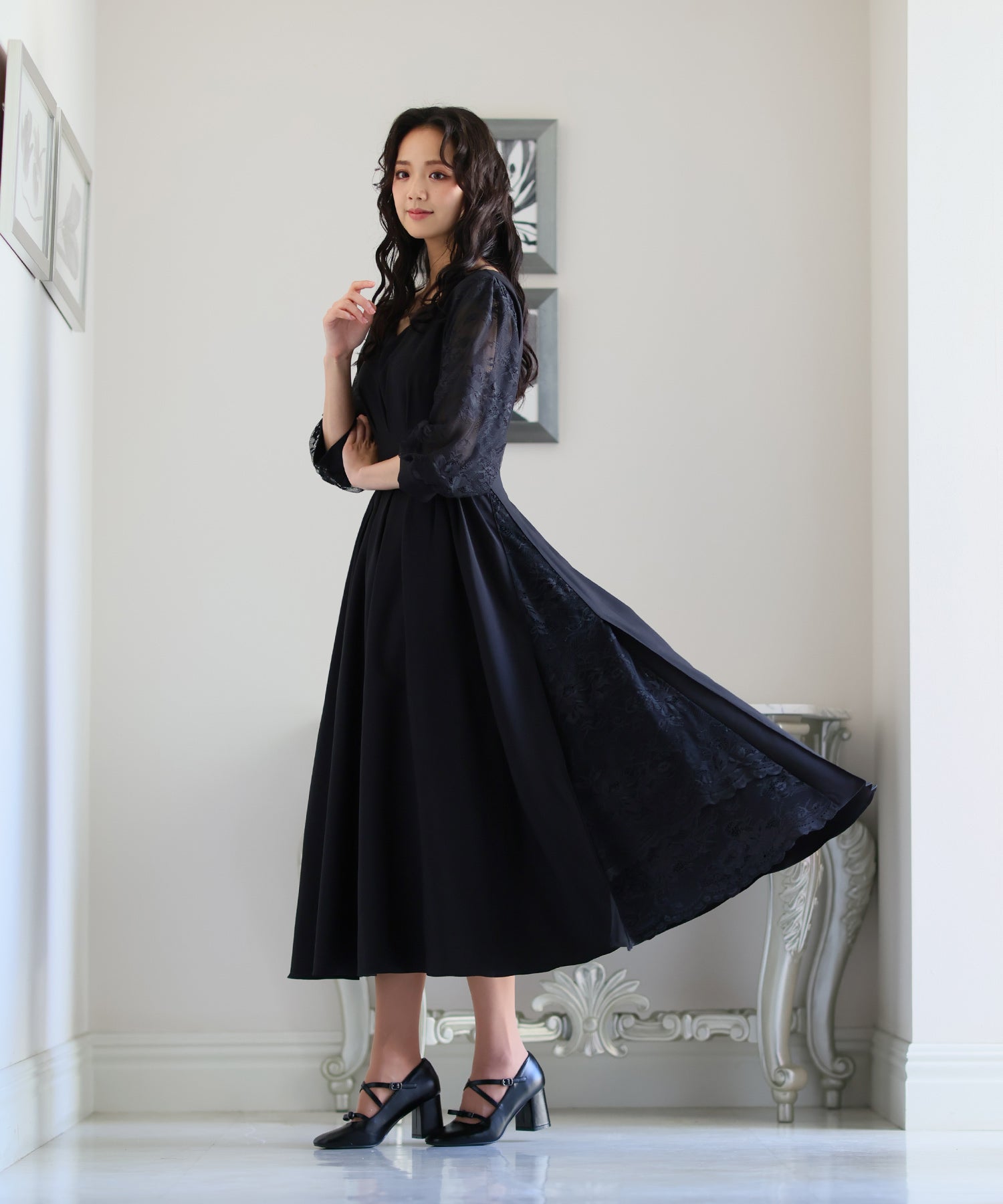 プールヴー PourVous レース切り替えパーティードレス大きいサイズロング&袖あり結婚式フォーマル ワンピース 20代 30代 40代