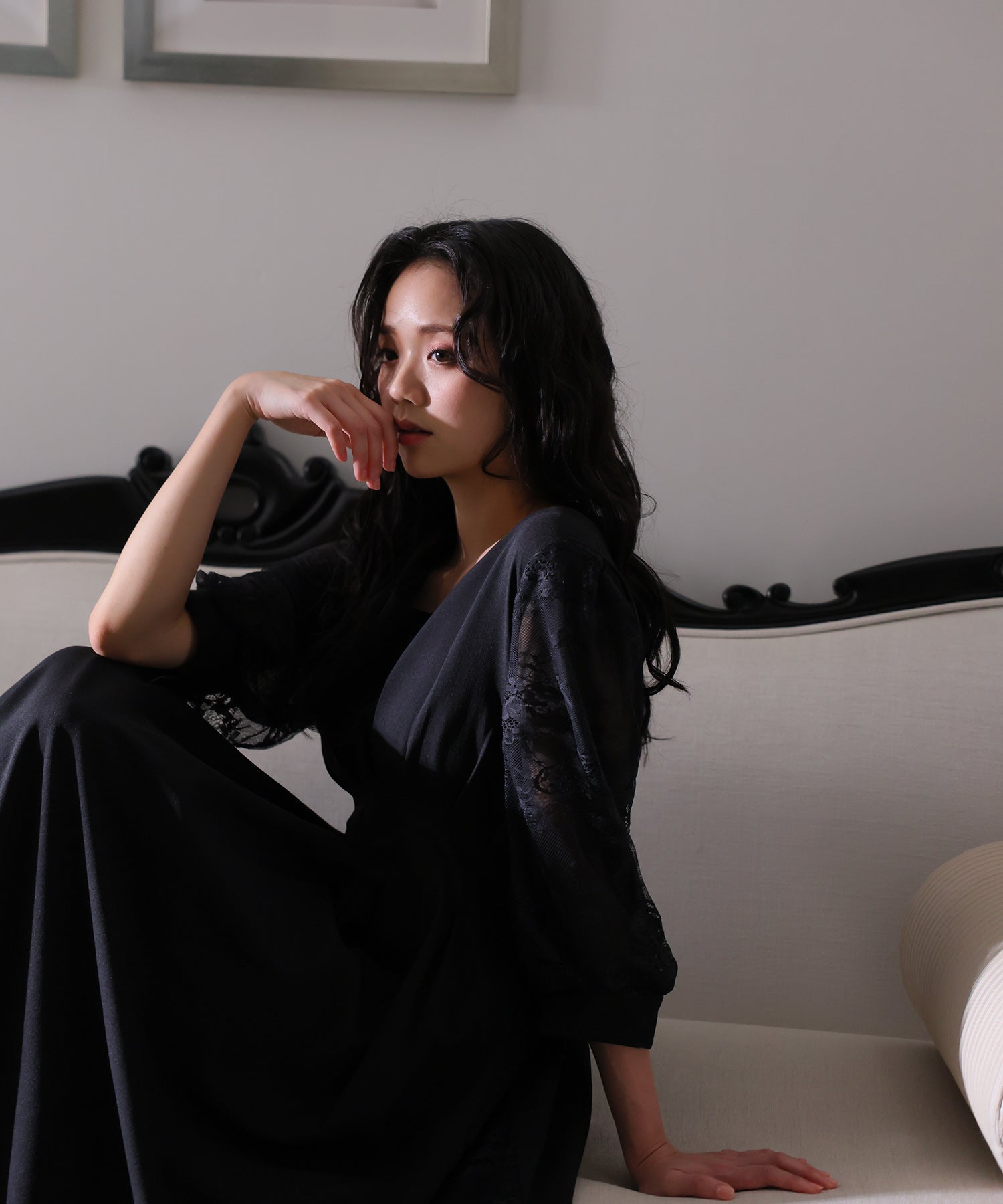 プールヴー PourVous レース切り替えパーティードレス大きいサイズロング&袖あり結婚式フォーマル ワンピース 20代 30代 40代