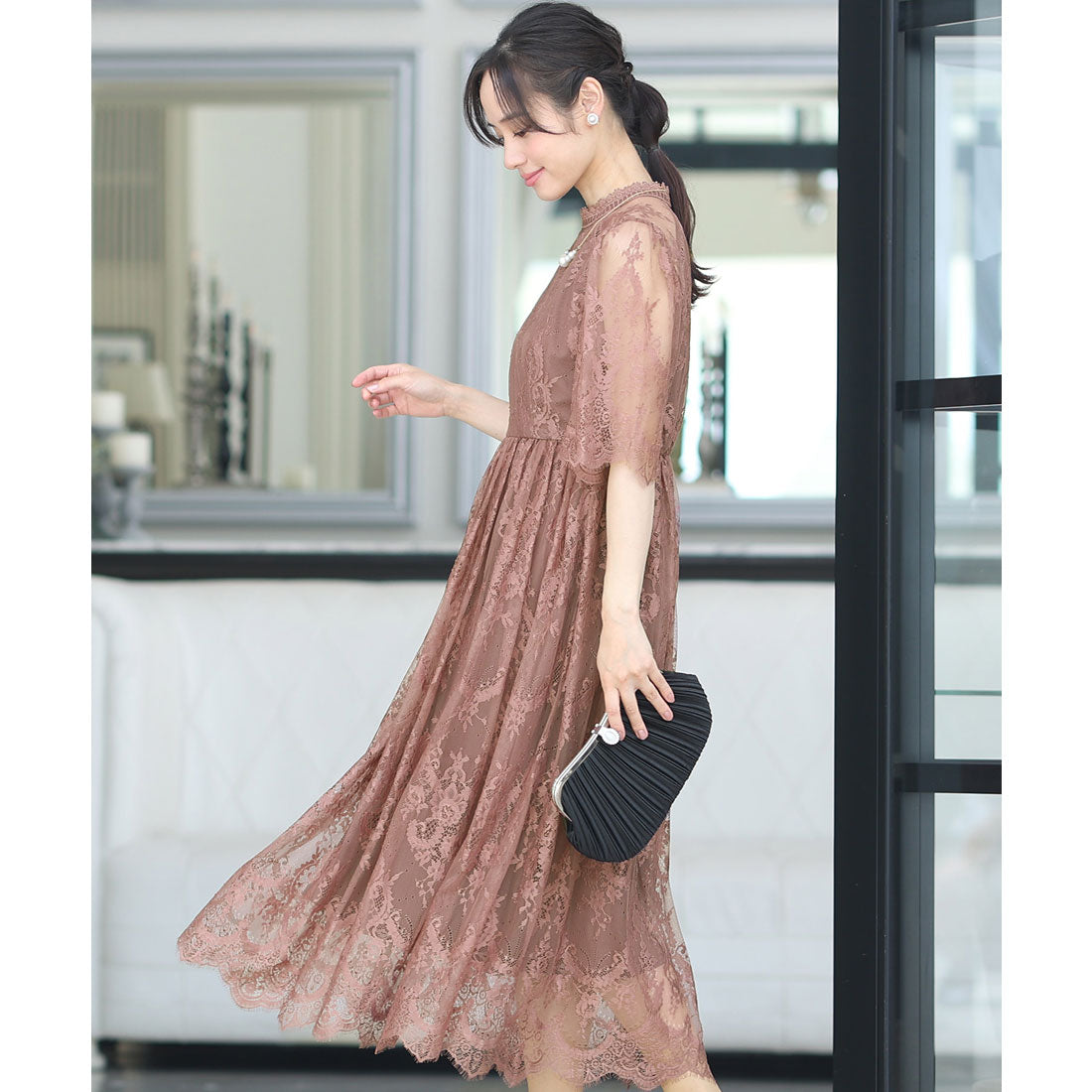 プールヴー PourVous 七分袖&ロングパーティードレススカラップハイネック大きいサイズ結婚式フォーマル ワンピース 20代 30代 40代