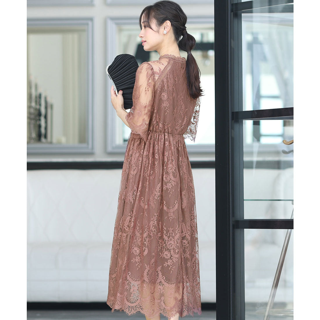 プールヴー PourVous 七分袖&ロングパーティードレススカラップハイネック大きいサイズ結婚式フォーマル ワンピース 20代 30代 40代