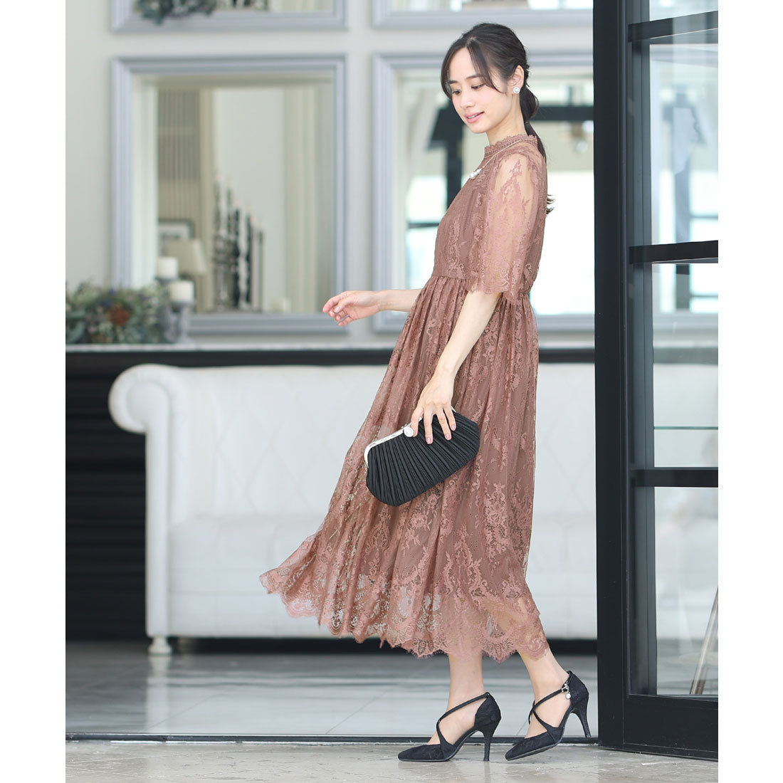 プールヴー PourVous 七分袖&ロングパーティードレススカラップハイネック大きいサイズ結婚式フォーマル ワンピース 20代 30代 40代