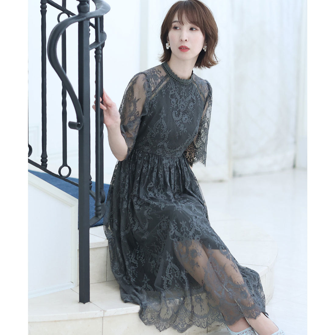 プールヴー PourVous 七分袖&ロングパーティードレススカラップハイネック大きいサイズ結婚式フォーマル ワンピース 20代 30代 40代,アーミーカーキ