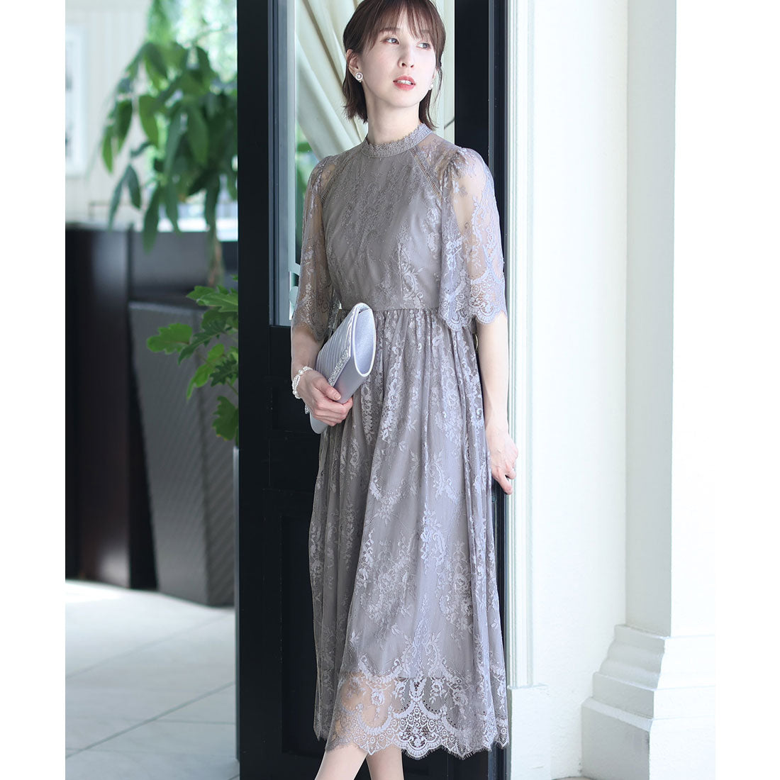 プールヴー PourVous 七分袖&ロングパーティードレススカラップハイネック大きいサイズ結婚式フォーマル ワンピース 20代 30代 40代
