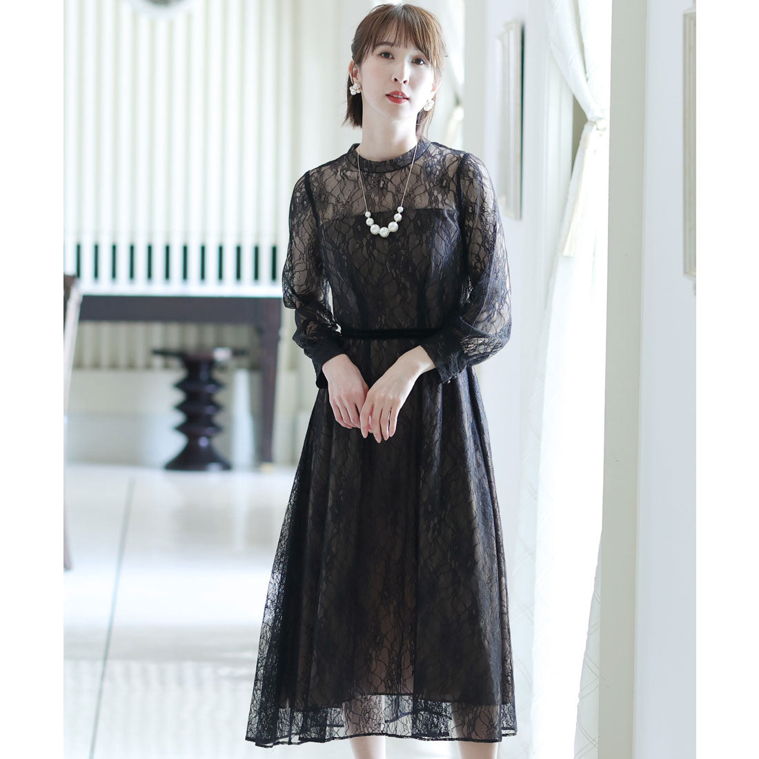 プールヴー PourVous 袖あり&ミモレ丈パーティードレスシアーレースお呼ばれ結婚式フォーマル ワンピース 20代 30代 40代 （ブラック） ブラック