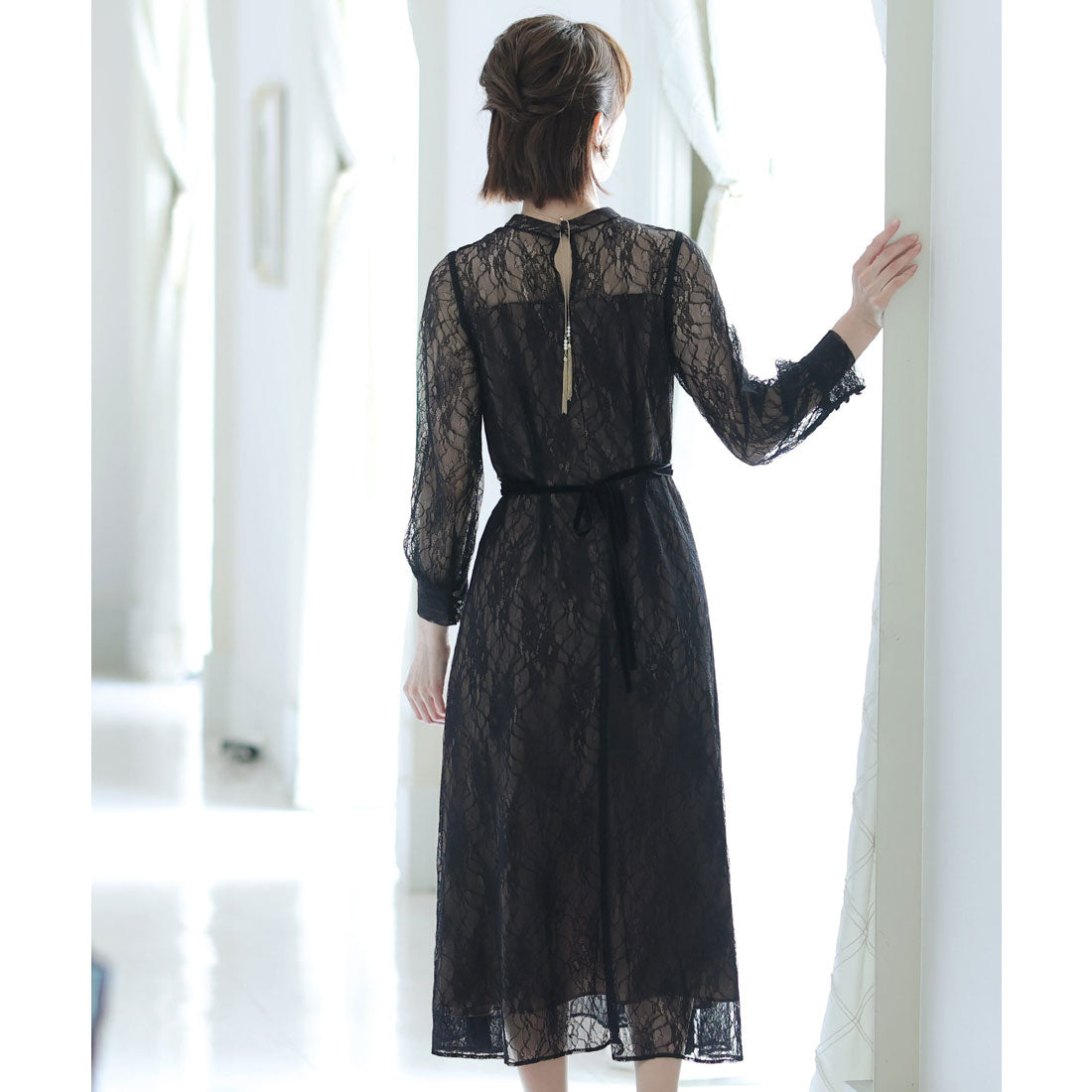 プールヴー PourVous 袖あり&ミモレ丈パーティードレスシアーレースお呼ばれ結婚式フォーマル ワンピース 20代 30代 40代 （ブラック） ブラック