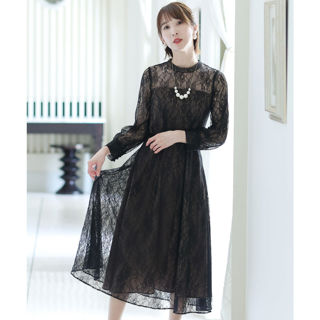 プールヴー PourVous 袖あり&ミモレ丈パーティードレスシアーレースお呼ばれ結婚式フォーマル ワンピース 20代 30代 40代 （ブラック） ブラック