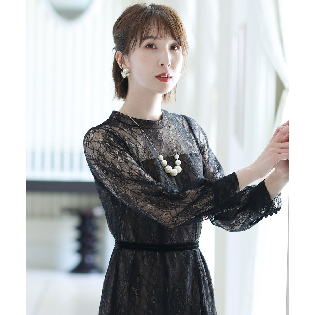 プールヴー PourVous 袖あり&ミモレ丈パーティードレスシアーレースお呼ばれ結婚式フォーマル ワンピース 20代 30代 40代 （ブラック） ブラック