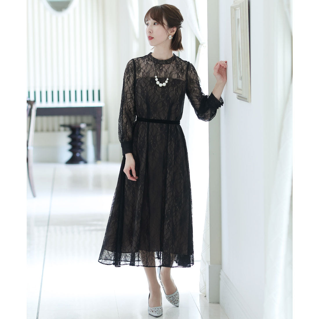 プールヴー PourVous 袖あり&ミモレ丈パーティードレスシアーレースお呼ばれ結婚式フォーマル ワンピース 20代 30代 40代 （ブラック） ブラック