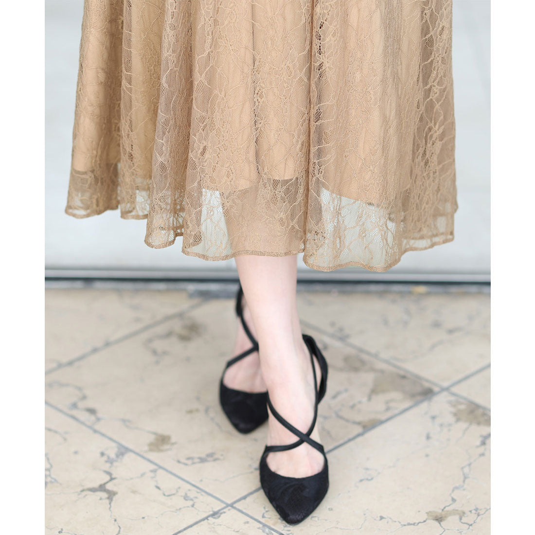 プールヴー PourVous 袖あり&ミモレ丈パーティードレスシアーレースお呼ばれ結婚式フォーマル ワンピース 20代 30代 40代 （ブラック） ブラック