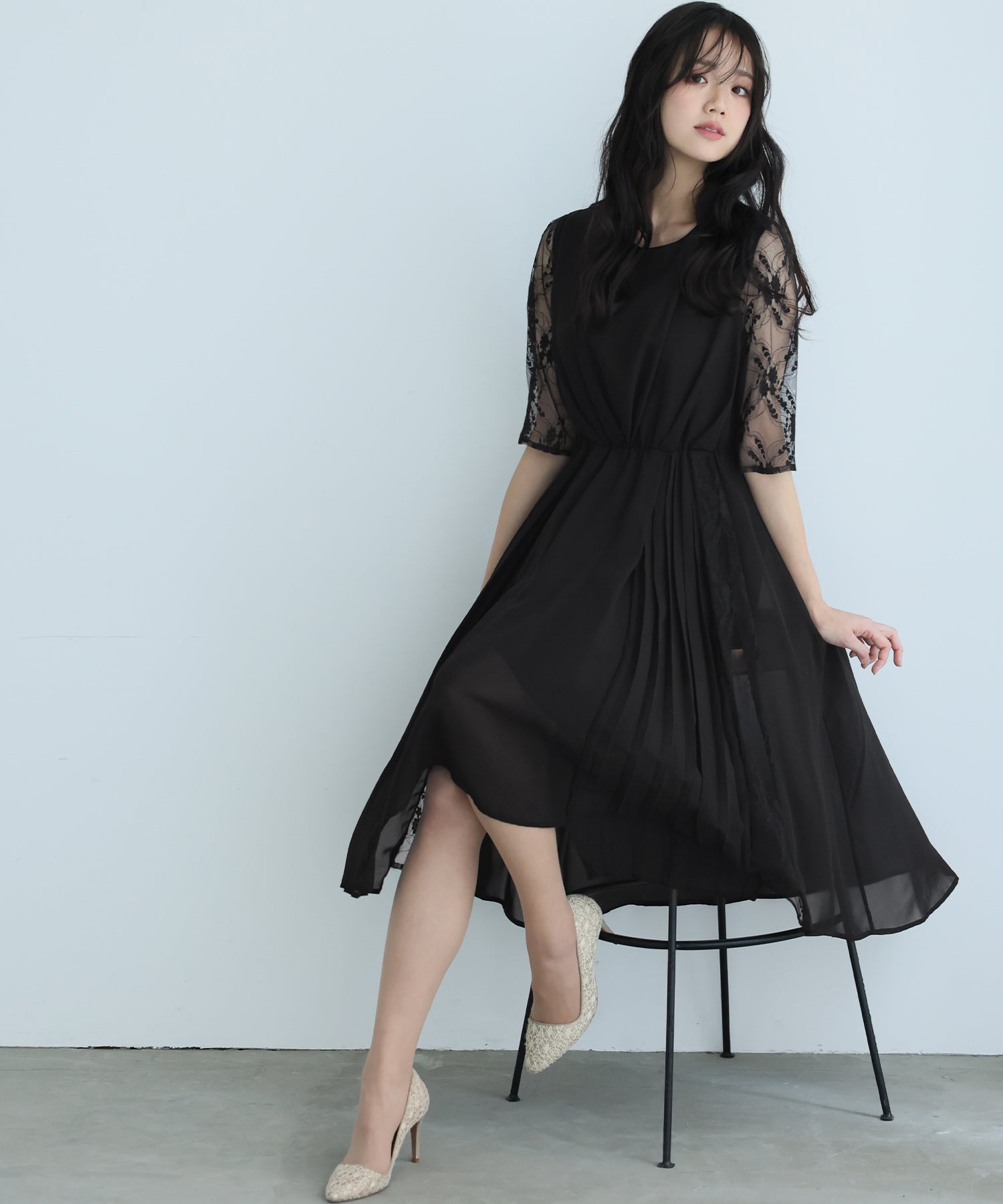 プールヴー PourVous ロング&七分袖フォーマルアシンメトリー大きいサイズ結婚式ワンピースドレス パーティードレス 20代 30代 40代,ブラック
