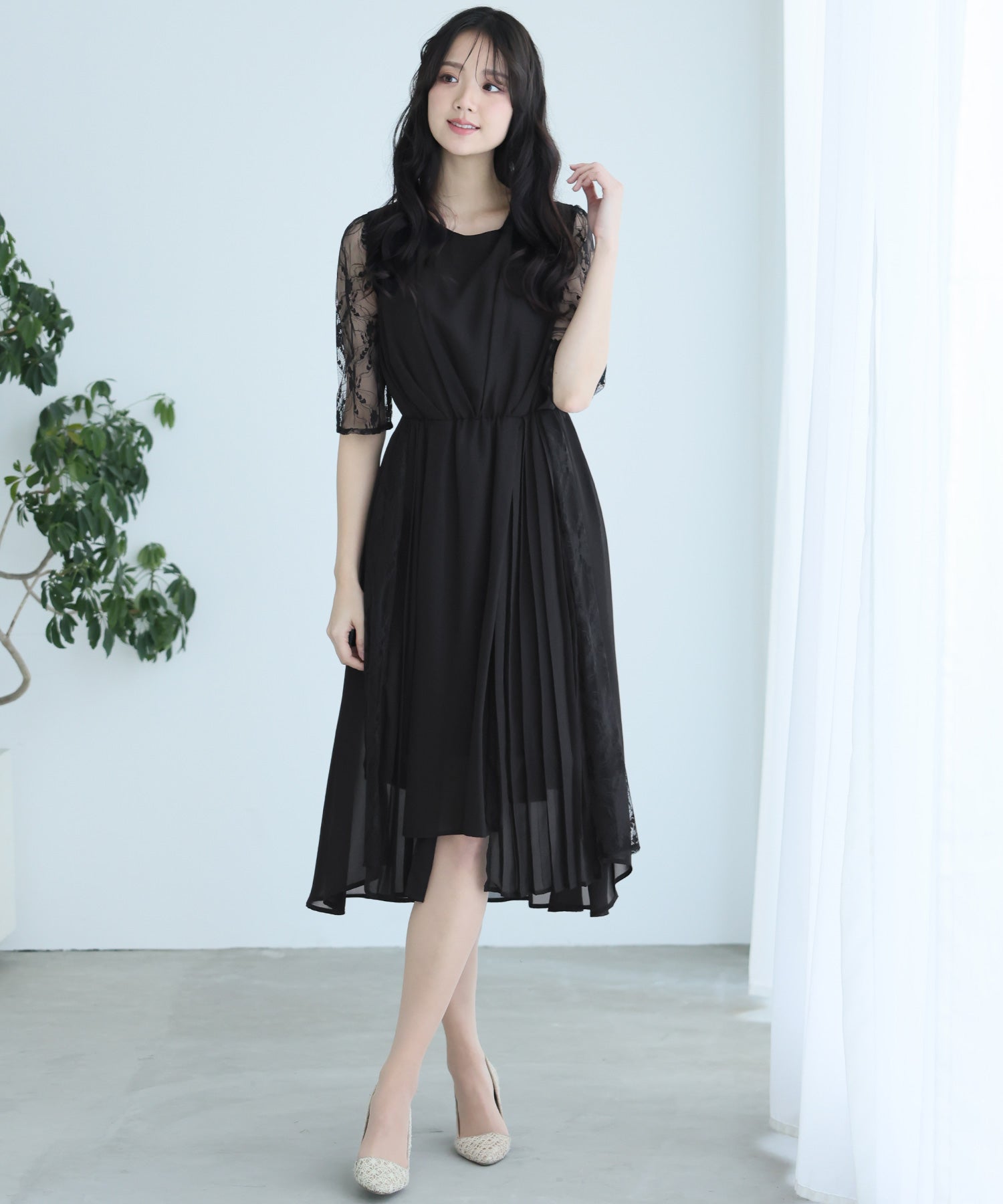 プールヴー PourVous ロング&七分袖フォーマルアシンメトリー大きいサイズ結婚式ワンピースドレス パーティードレス 20代 30代 40代 （ブラック） ブラック