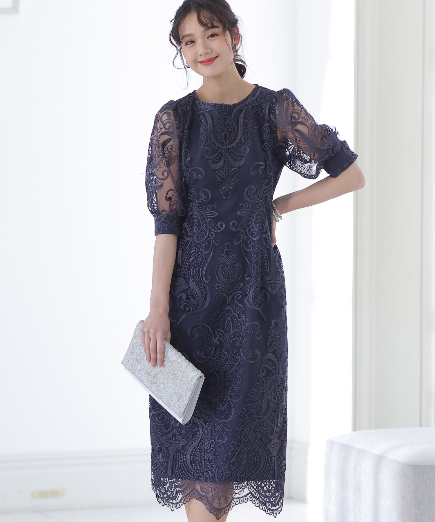 open lace back dress PourVous Tight silhouette party dress, large size, mid-calf length &am