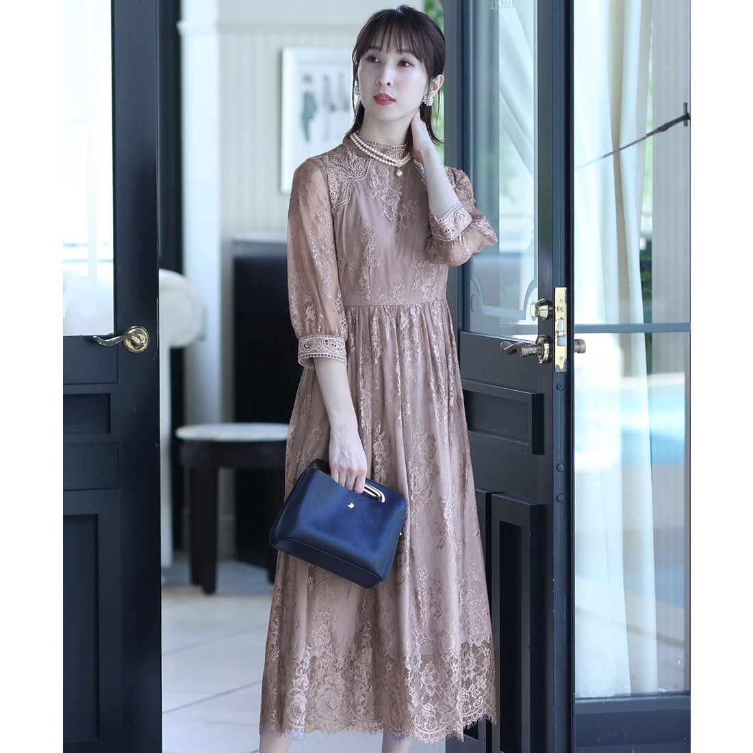 プールヴー PourVous 結婚式パーティードレス七分袖とミモレ丈総レース大きいサイズフォーマル ワンピース 20代 30代 40代 （モカベージュ） モカベージュ
