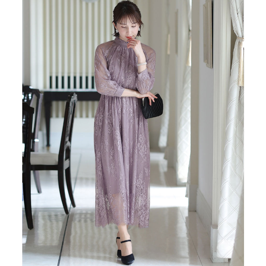 プールヴー PourVous 結婚式パーティードレスミモレ丈と袖ありハイネック大きいサイズフォーマル ワンピース 20代 30代 40代 （パープル） パープル