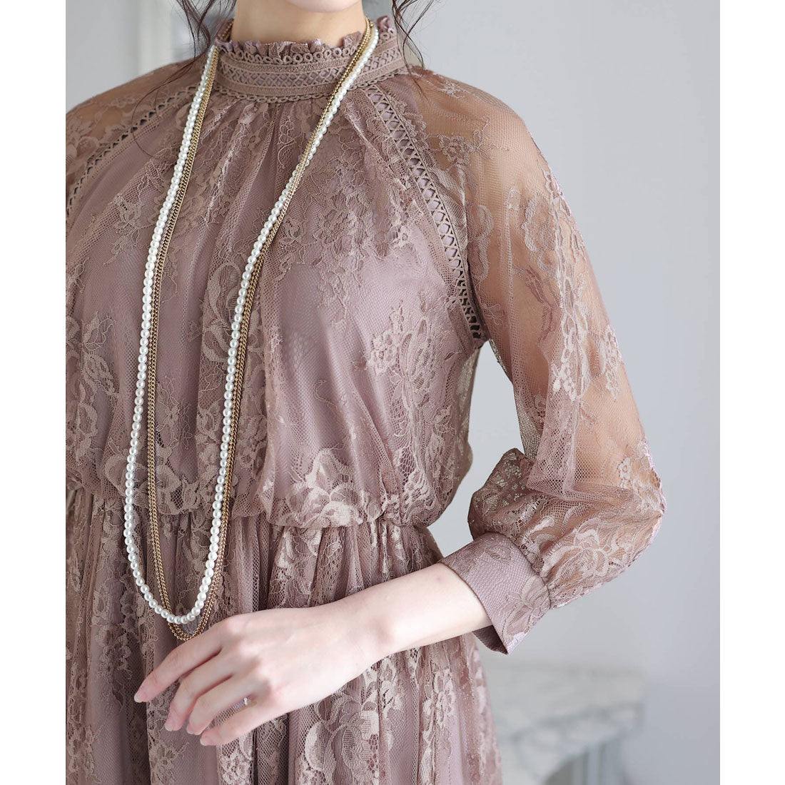 プールヴー PourVous 結婚式パーティードレスミモレ丈と袖ありハイネック大きいサイズフォーマル ワンピース 20代 30代 40代 （パープル） パープル