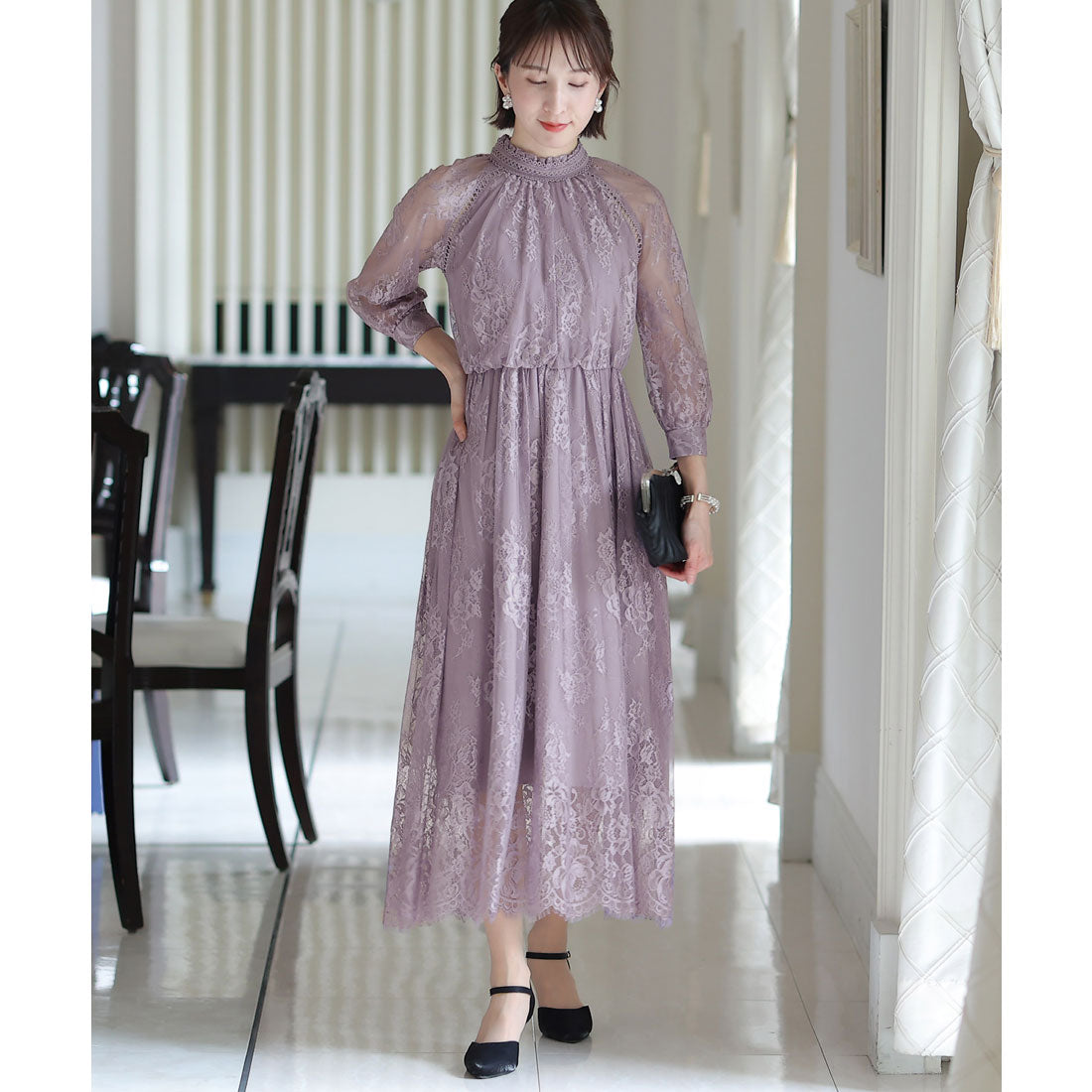 プールヴー PourVous 結婚式パーティードレスミモレ丈と袖ありハイネック大きいサイズフォーマル ワンピース 20代 30代 40代 （パープル） パープル