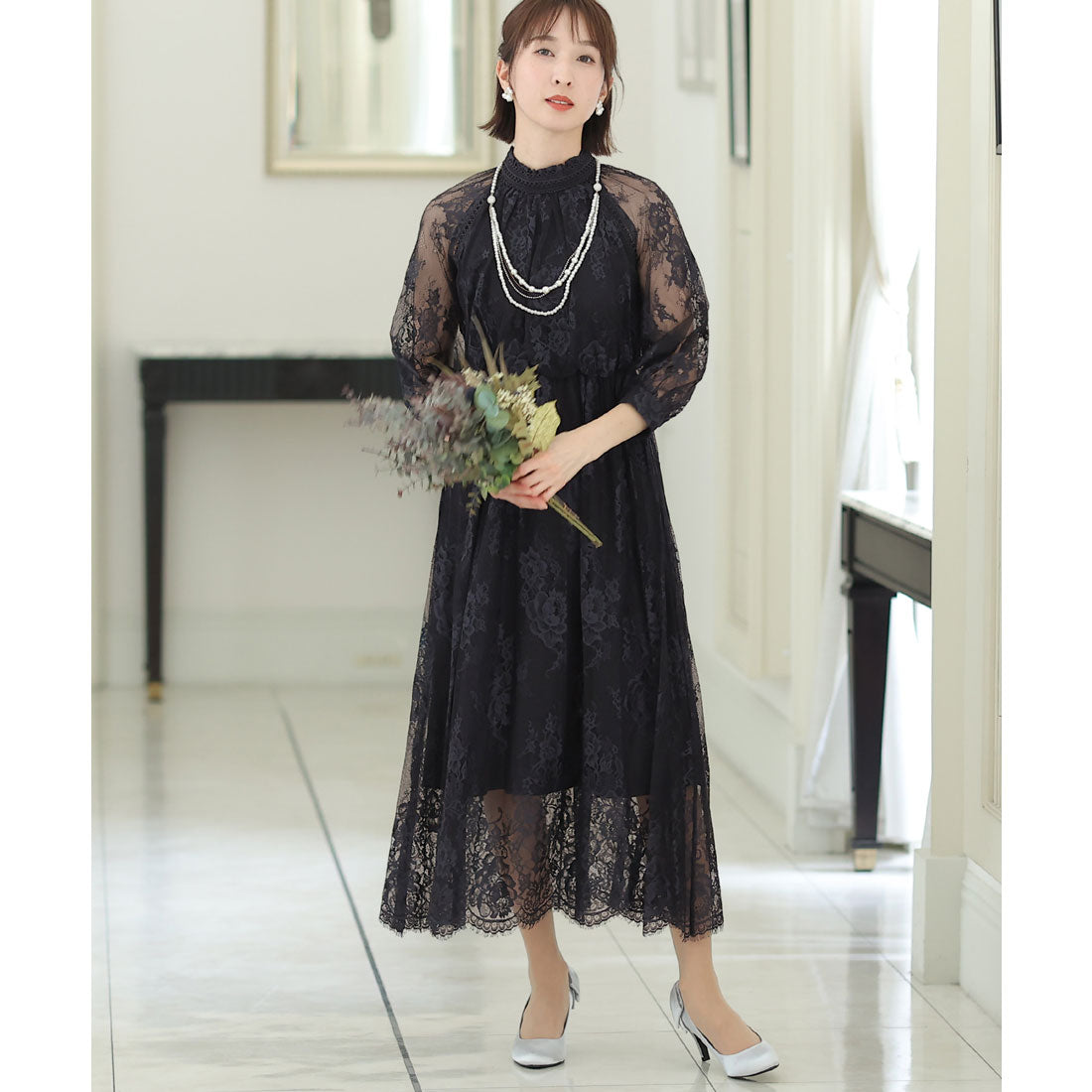 プールヴー PourVous 結婚式パーティードレスミモレ丈と袖ありハイネック大きいサイズフォーマル ワンピース 20代 30代 40代 （パープル） パープル