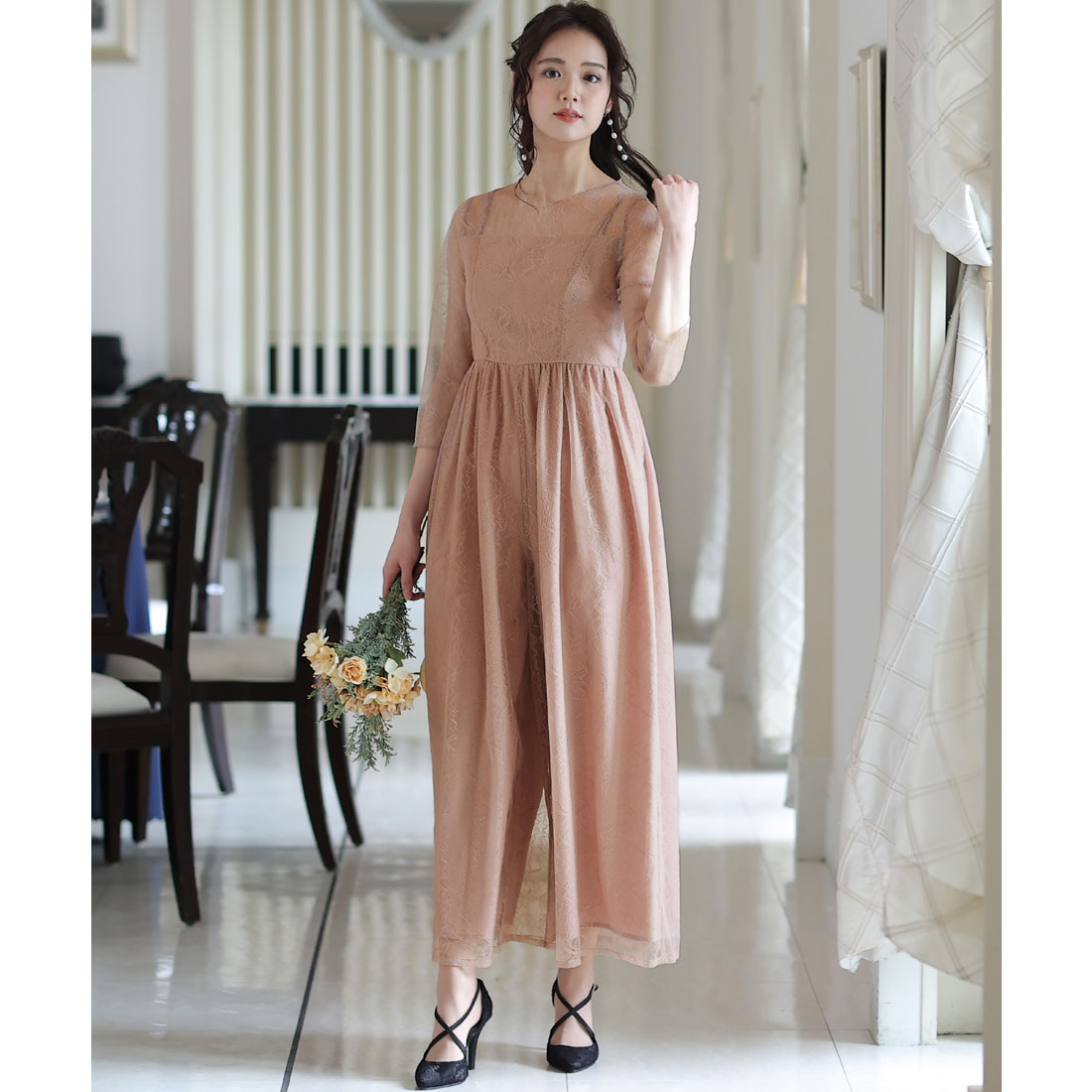PourVous Midi Length & Three-Quarter Sleeve Formal Shimmer Plus Size Wedding Pants Dress for 20s, 30s, 40s
