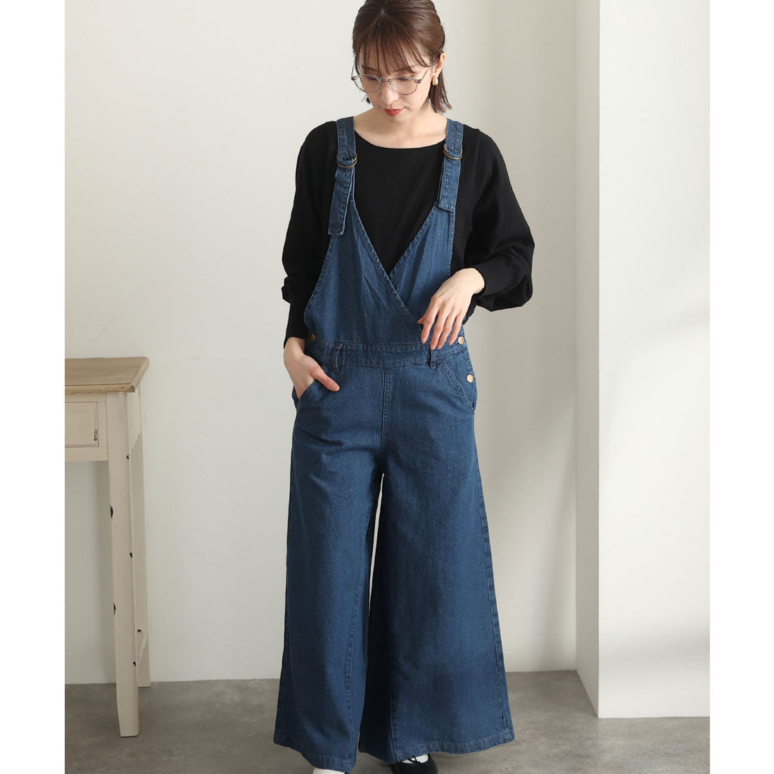 プールヴー PourVous カシュクールデニムサロペット