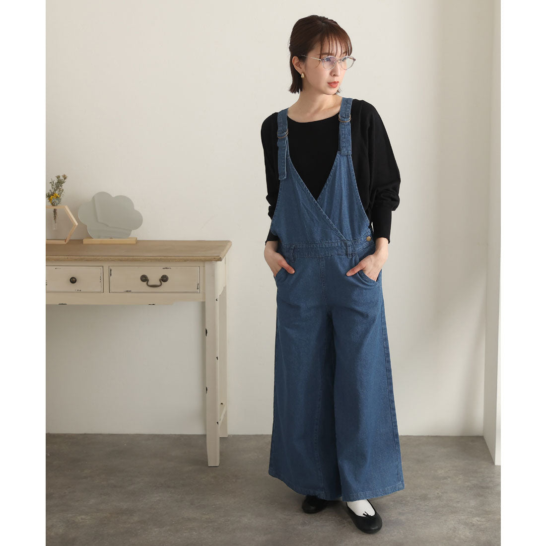 プールヴー PourVous カシュクールデニムサロペット
